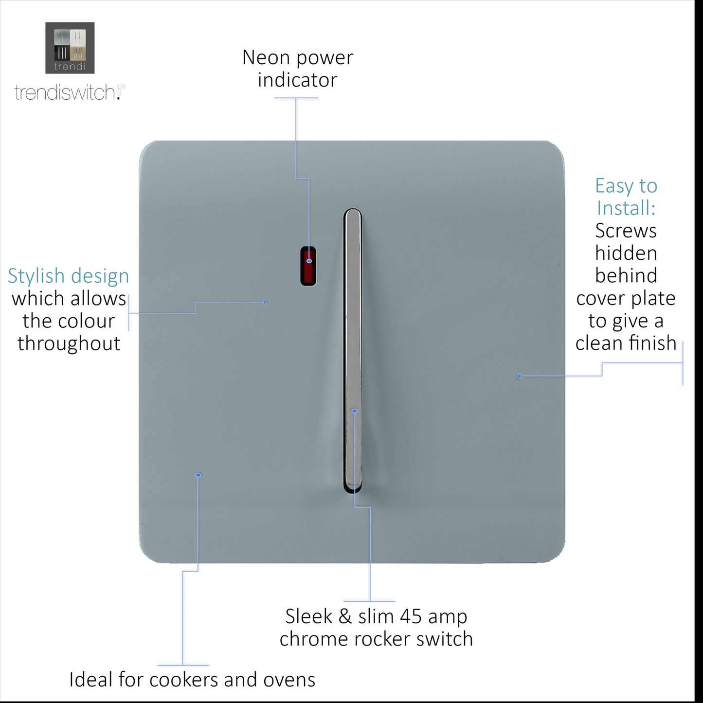 Trendi Artistic Modern Glossy 45 A Tactile Light Switch & Neon Insert Cool Grey