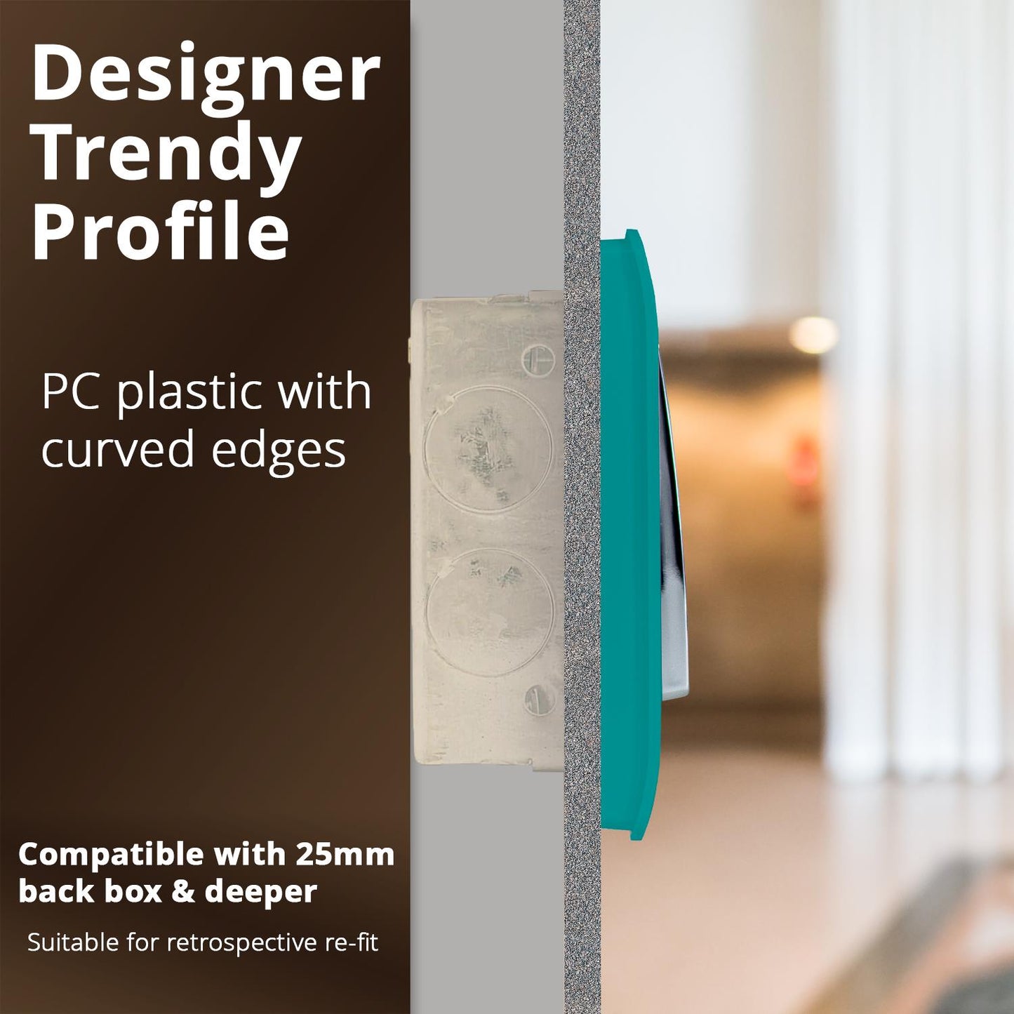 Trendi 1 Gang 2 Way 240V Screwless Raised Front Plate Plastic Artistic Modern Glossy 10 Amp Chrome Rocker Single Electrical Wall Light Switch Bright Teal - ART-SS2BT