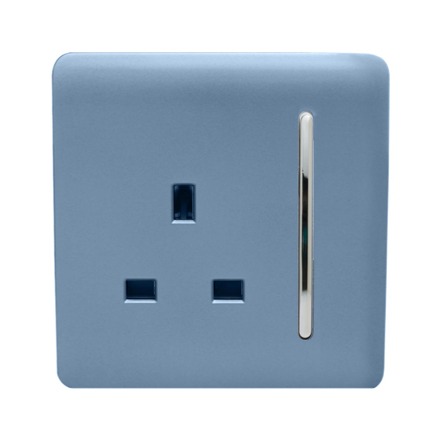Trendi 1 Gang Raised Artistic Modern Glossy Screwless 13 Amp Single Pole with Chrome Switched UK Standard Electrical Double Wall Plug Socket in Sky Blue in ART-SKT13SK