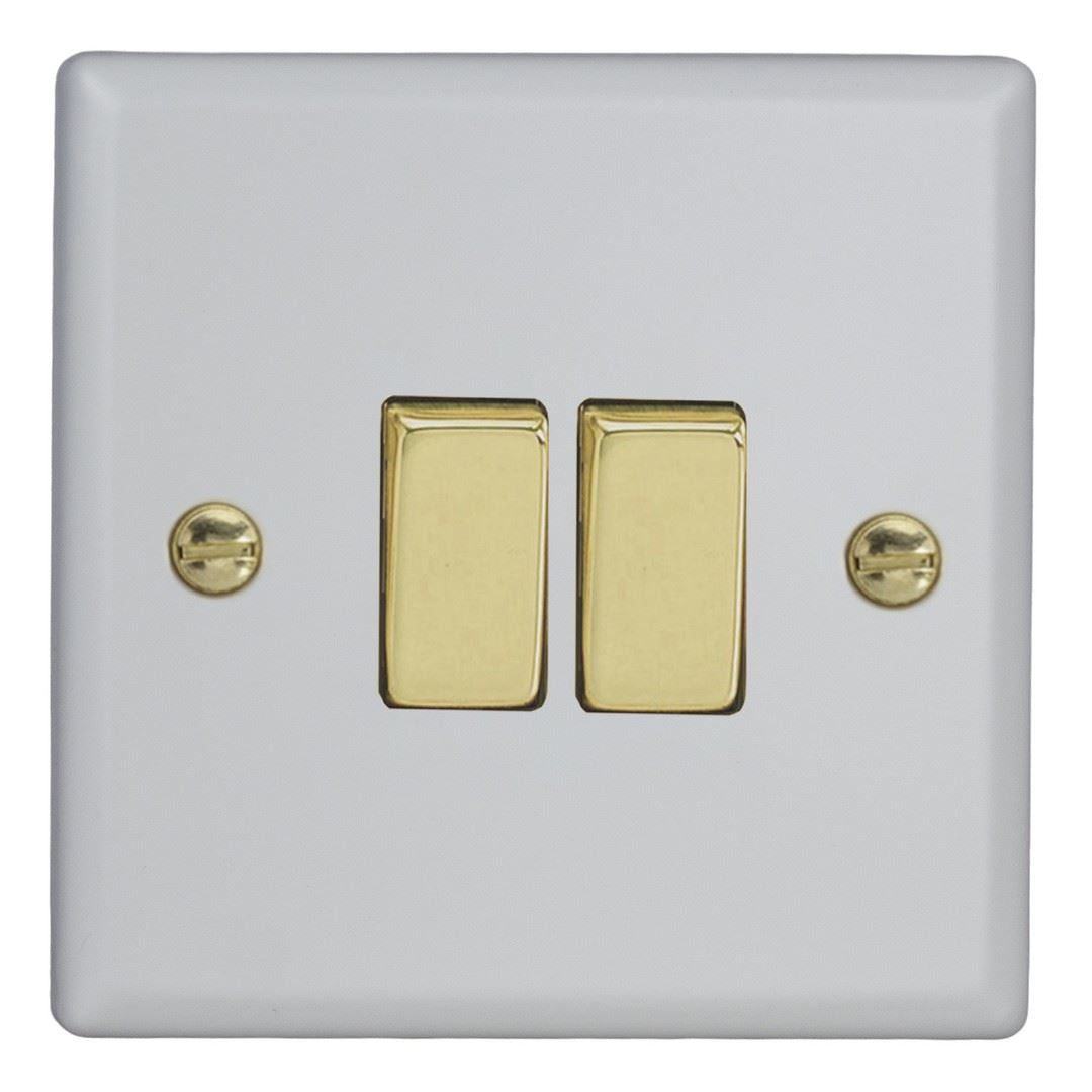 Varilight 2-Gang 10A 1- or 2-Way Rocker Switch in Vogue Matt White w/ Polished Brass