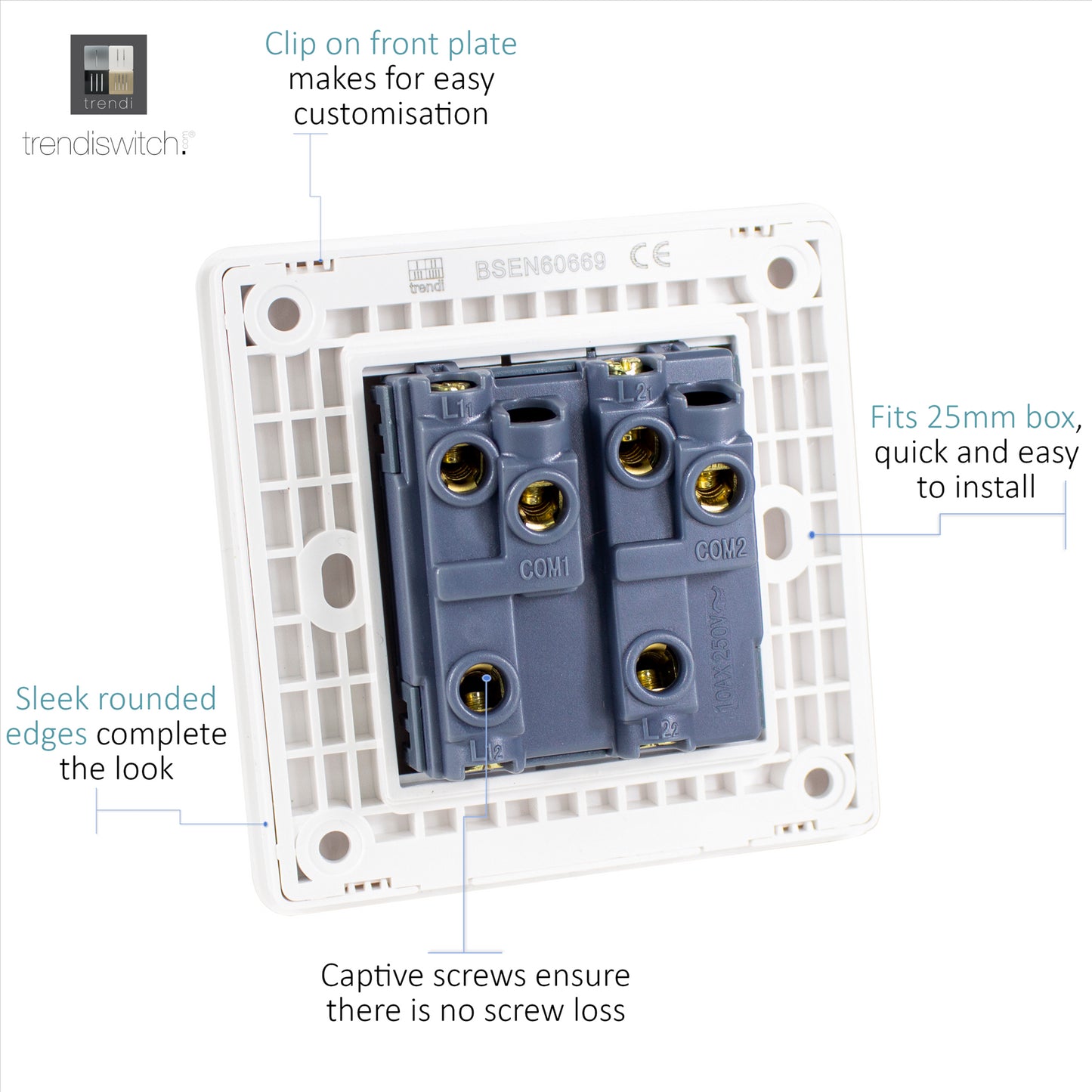 Trendi 2 Gang 2 Way 240V Screwless Raised Front Plate Plastic Artistic Modern Glossy 10 Amp Chrome Rocker Single Electrical Wall Light Switch Navy Blue - ART-SS4NV