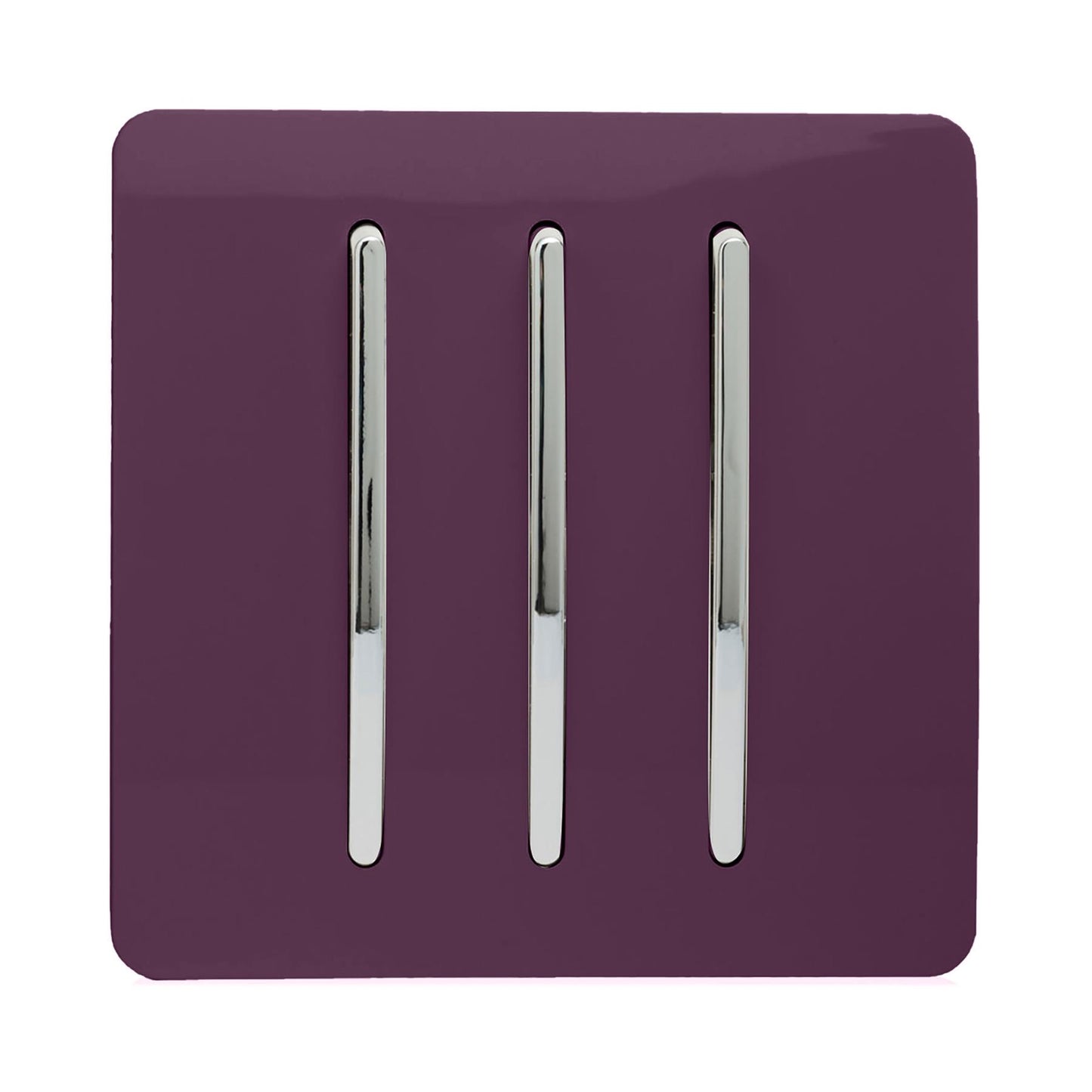 Trendi 3 Gang 2 way 240V Screwless Raised Front Plate Plastic Artistic Modern Glossy 10 Amp Chrome Rocker Triple Electrical Wall Light Switch in Plum Purple