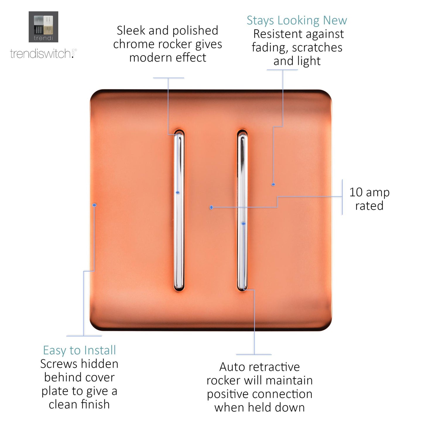 Trendi Artistic Modern Glossy Tactile Auto Retractive 2 Door Bell Switch Copper