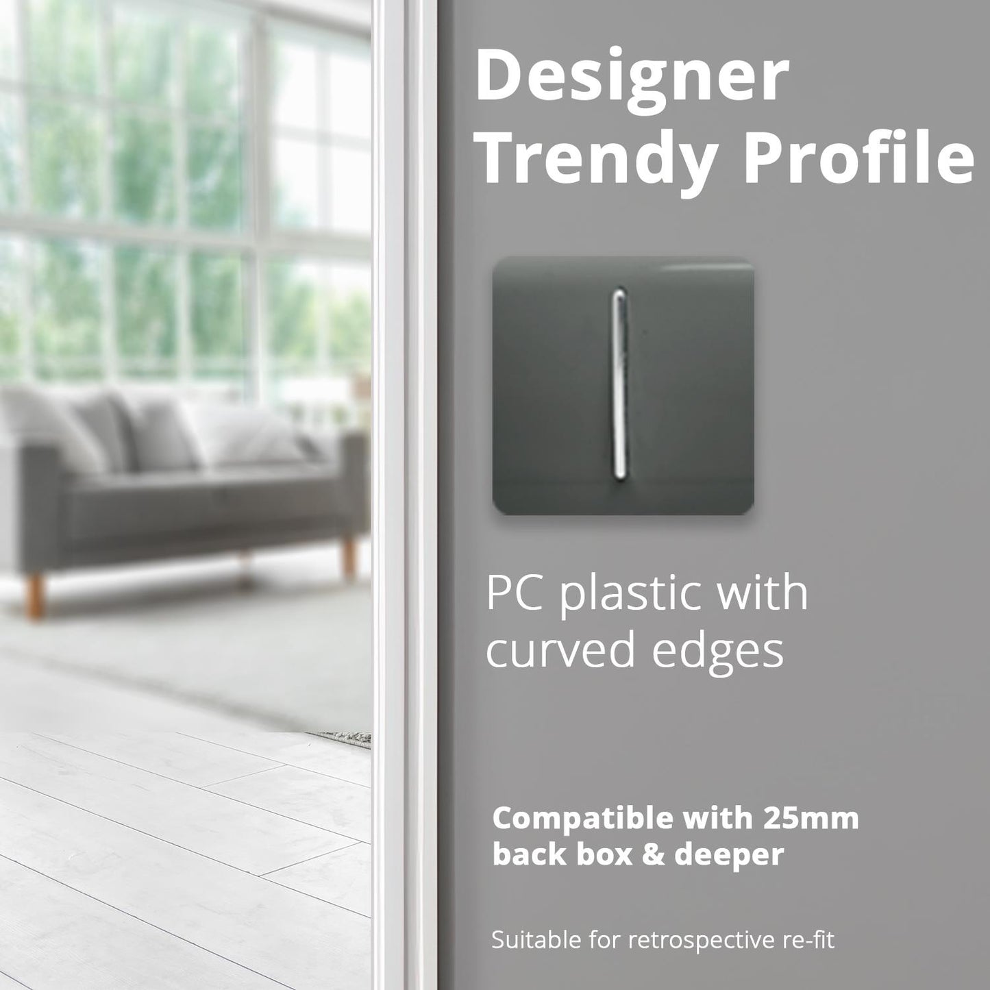 Trendi 1 Gang 2 Way 240V Screwless Raised Front Plate Plastic Artistic Modern Glossy 10 Amp Chrome Rocker Single Electrical Wall Light Switch Charcoal Grey - ART-SS2CH