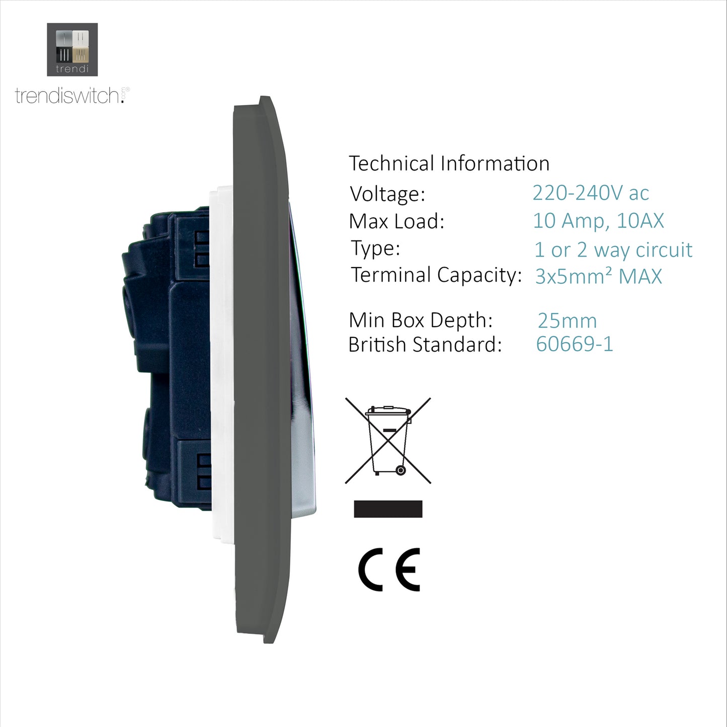 Trendi 1 Gang 2 Way 240V Screwless Raised Front Plate Plastic Artistic Modern Glossy 10 Amp Chrome Rocker Single Electrical Wall Light Switch Charcoal Grey - ART-SS2CH