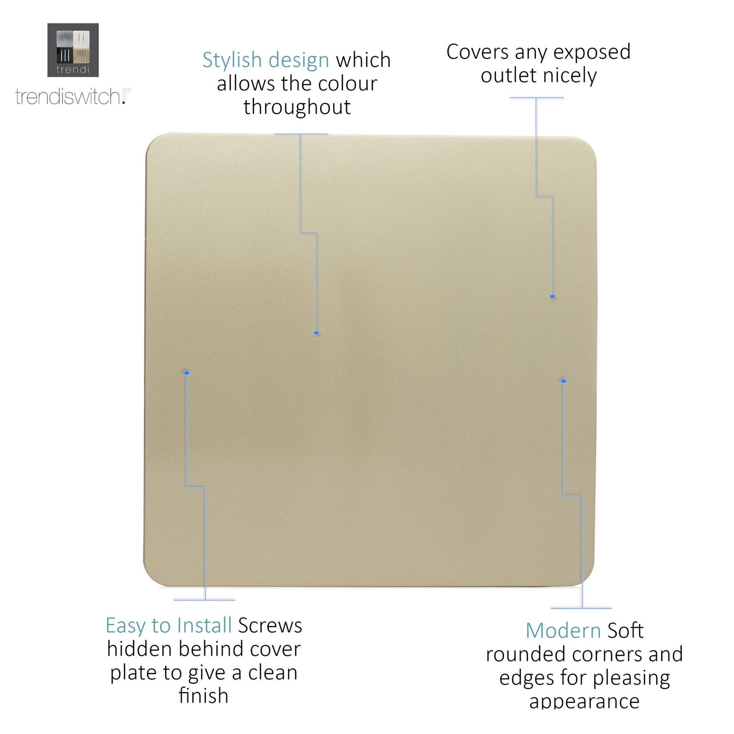 Trendi Switch Artistic Modern Glossy Decorative Screwless Standard Single Wall Blanking Plate for Electrical Sockets, Outlet with Screws in Champagne Gold - ART-BLKGO
