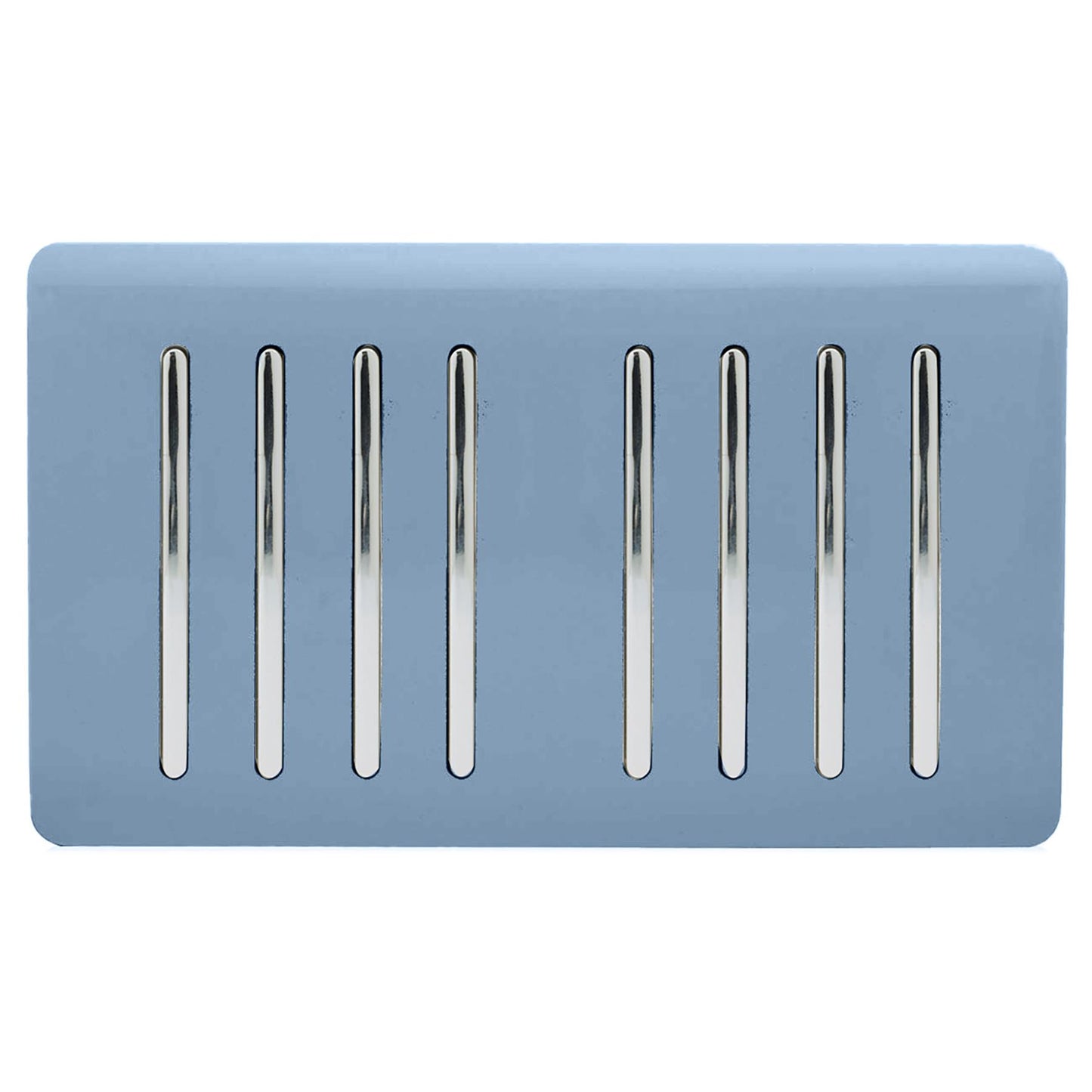 Trendi 8 Gang 2 way 240V Screwless Raised Front Twin Plate Plastic Artistic Modern Glossy 10 Amp Chrome Rocker Quad Electrical Wall Light Switch in Sky Blue- ART-SS88SK