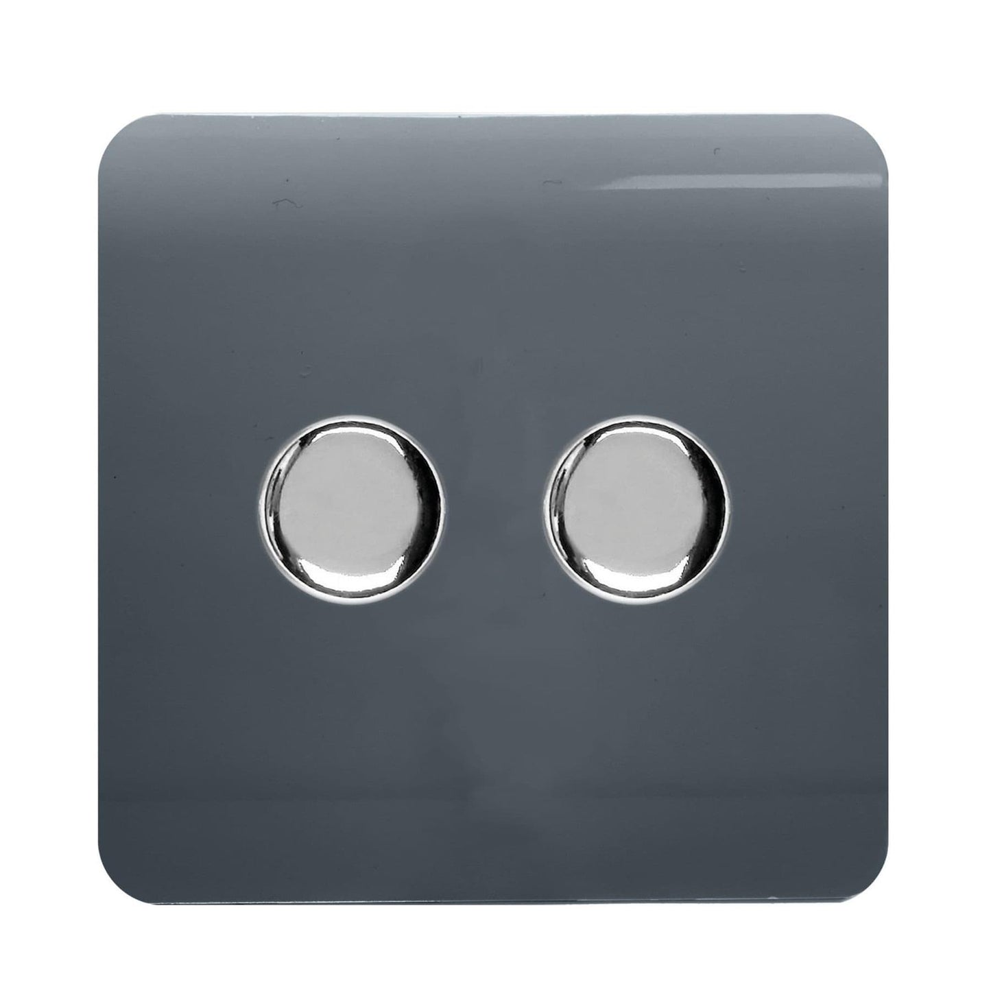 Trendi 2 Gang 2 Way 240V 100w LED Dimmer Screwless Raised Front Plate Plastic Artistic Modern Glossy 10 Amp Chrome Single Electrical Wall Light Switch in Warm Grey - ART-2LDMWG