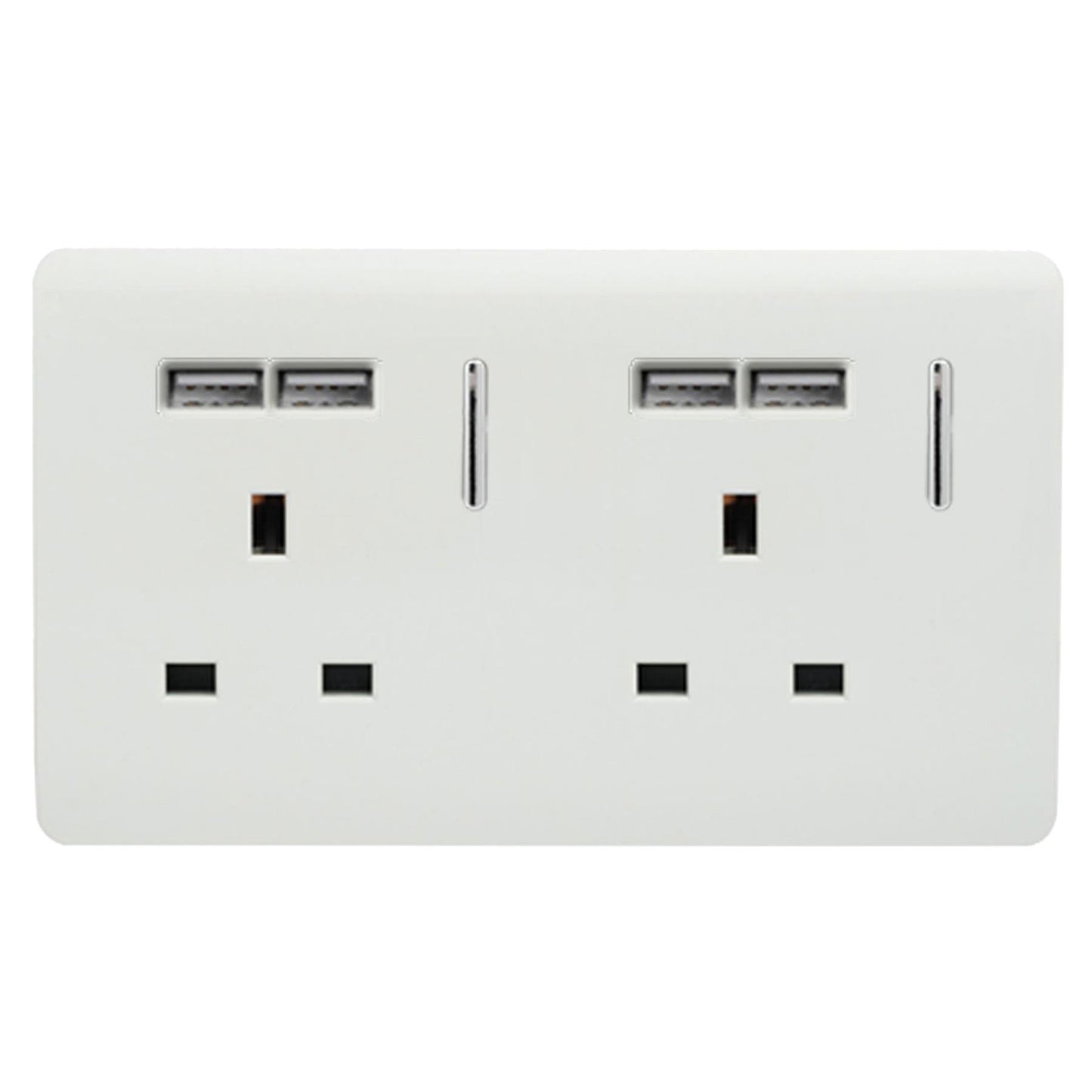 Trendi 2 Gang Artistic Modern Glossy Screwless Raised 13 Amp 240v Short 4 USB Type A Charging Points Double Chrome Switched Electrical Wall Plug Socket in Ice White