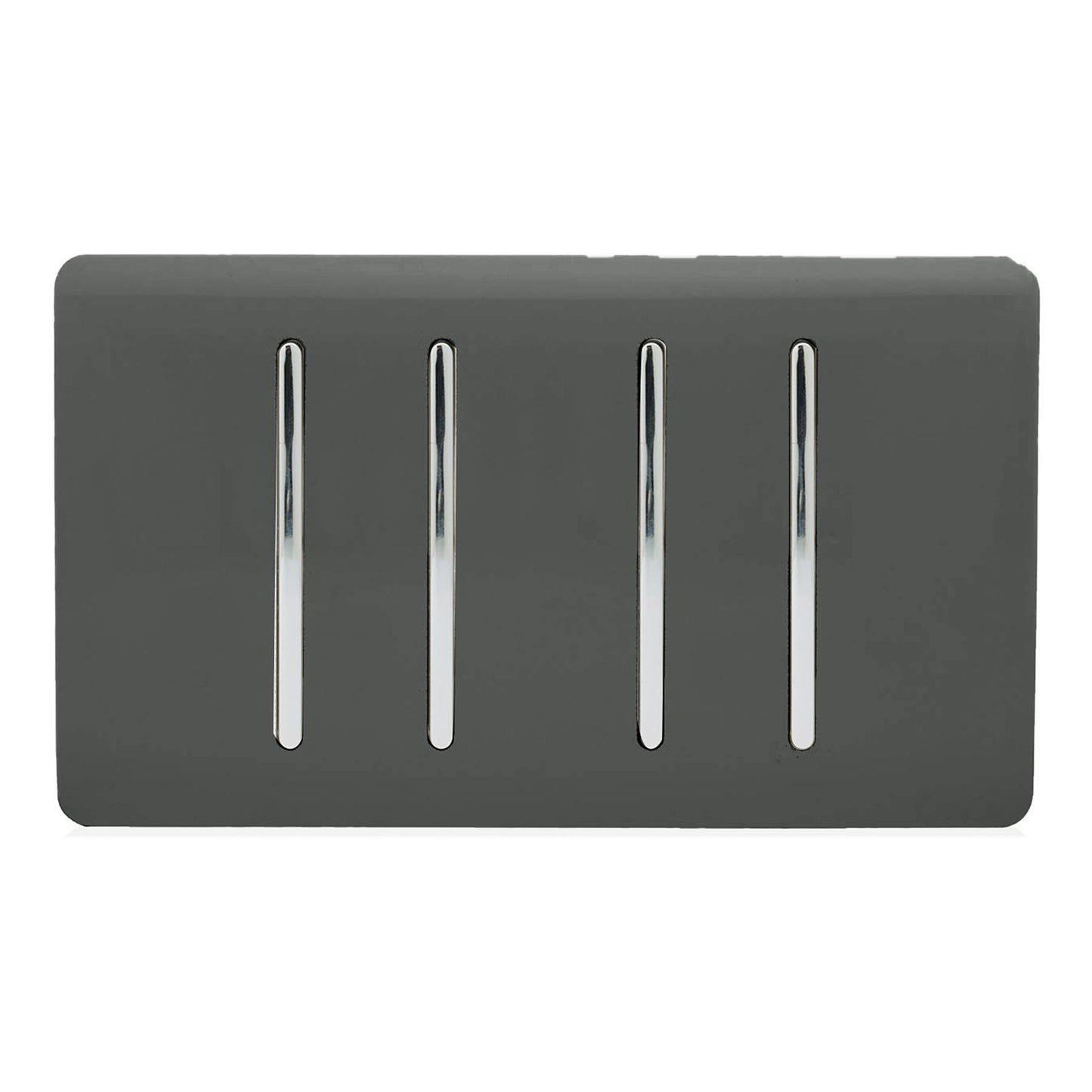 Trendi 4 Gang 2 way 240V Screwless Raised Front Twin Plate Plastic Artistic Modern Glossy 10 Amp Chrome Rocker Quad Electrical Wall Light Switch in Charcoal Grey - ART-SS44CH