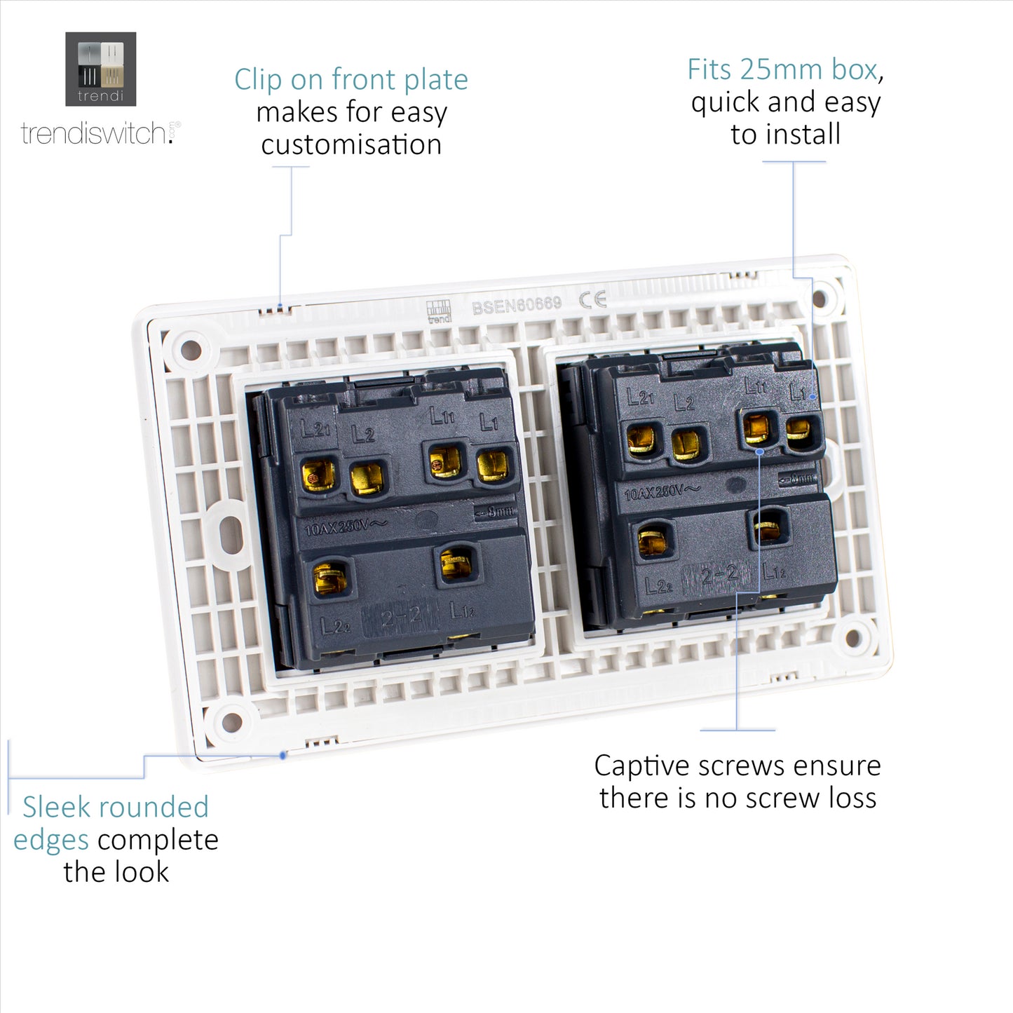 Trendi 4 Gang 2 way 240V Screwless Raised Front Twin Plate Plastic Artistic Modern Glossy 10 Amp Chrome Rocker Quad Electrical Wall Light Switch in Sky Blue- ART-SS44SK