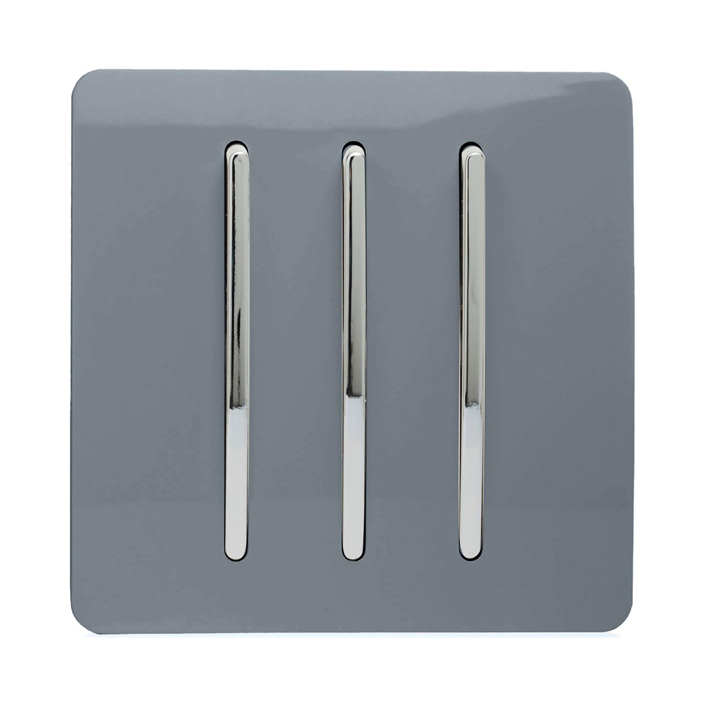 Trendi 3 Gang 2 way 240V Screwless Raised Front Plate Plastic Artistic Modern Glossy 10 Amp Chrome Rocker Triple Electrical Wall Light Switch in Warm Grey