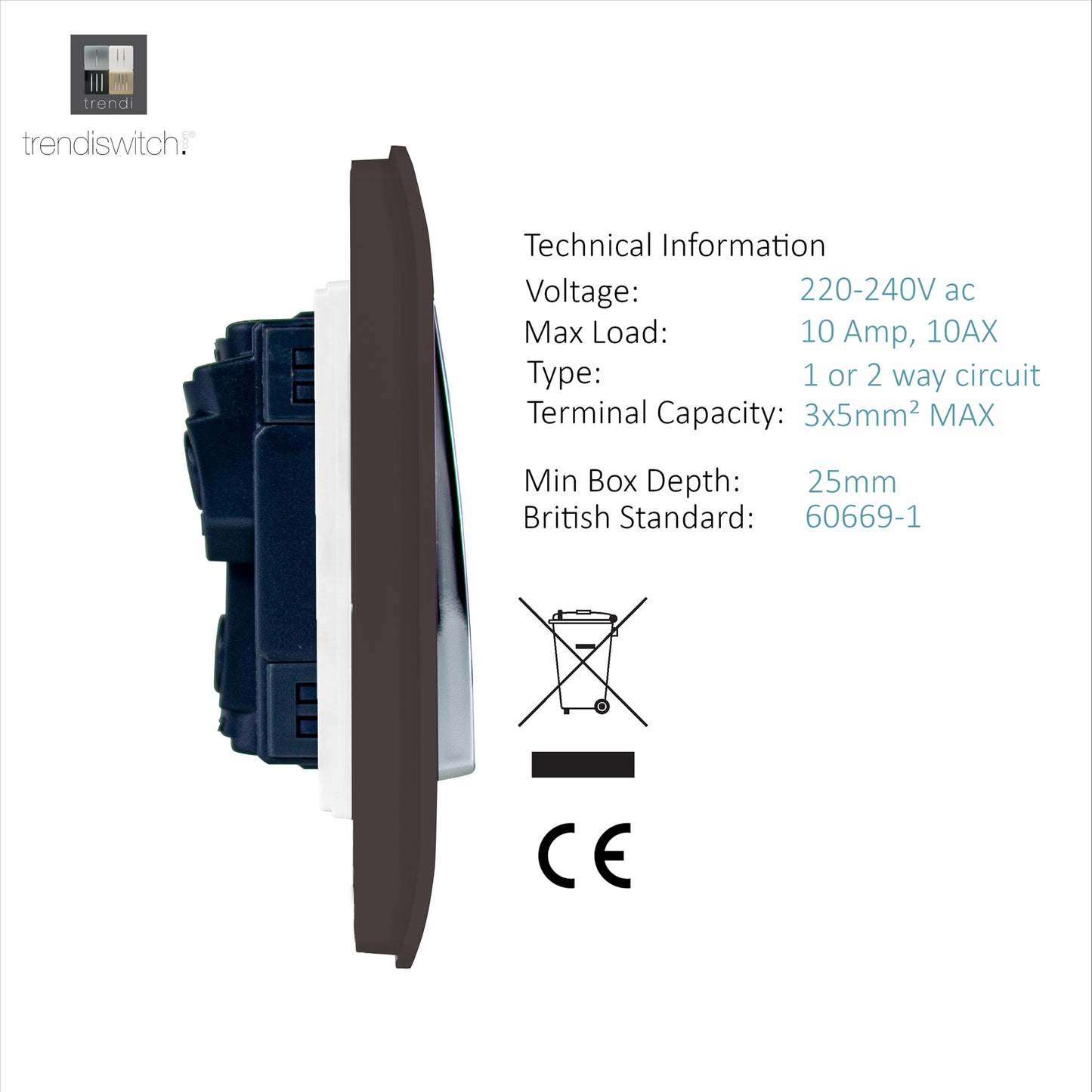 Trendi 6 Gang 2 way 240V Screwless Raised Front Twin Plate Plastic Artistic Modern Glossy 10 Amp Chrome Rocker Quad Electrical Wall Light Switch in Dark Mocha Brown - ART-SS66DB