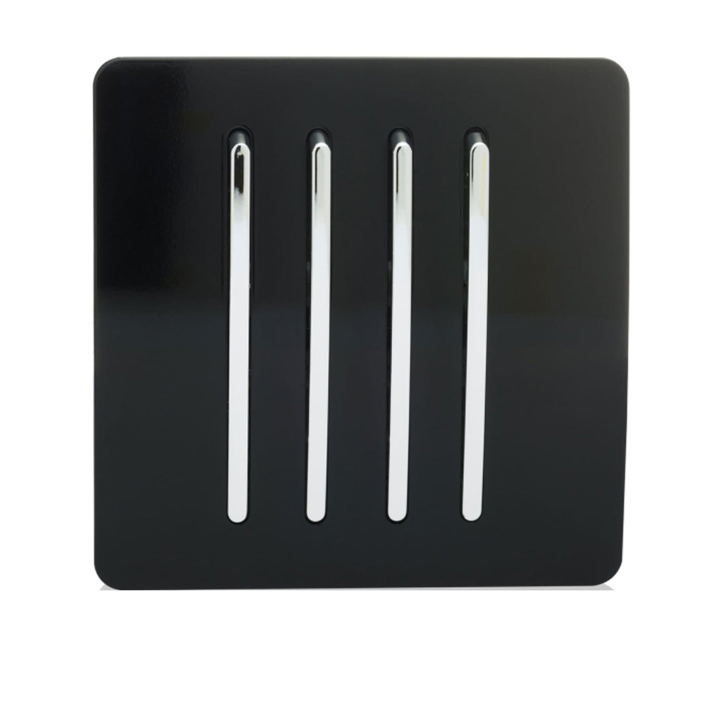 Trendi 4 Gang 2 way 240V Screwless Raised Front Plate Plastic Artistic Modern Glossy 10 Amp Chrome Rocker Quad Electrical Wall Light Switch in Piano Black