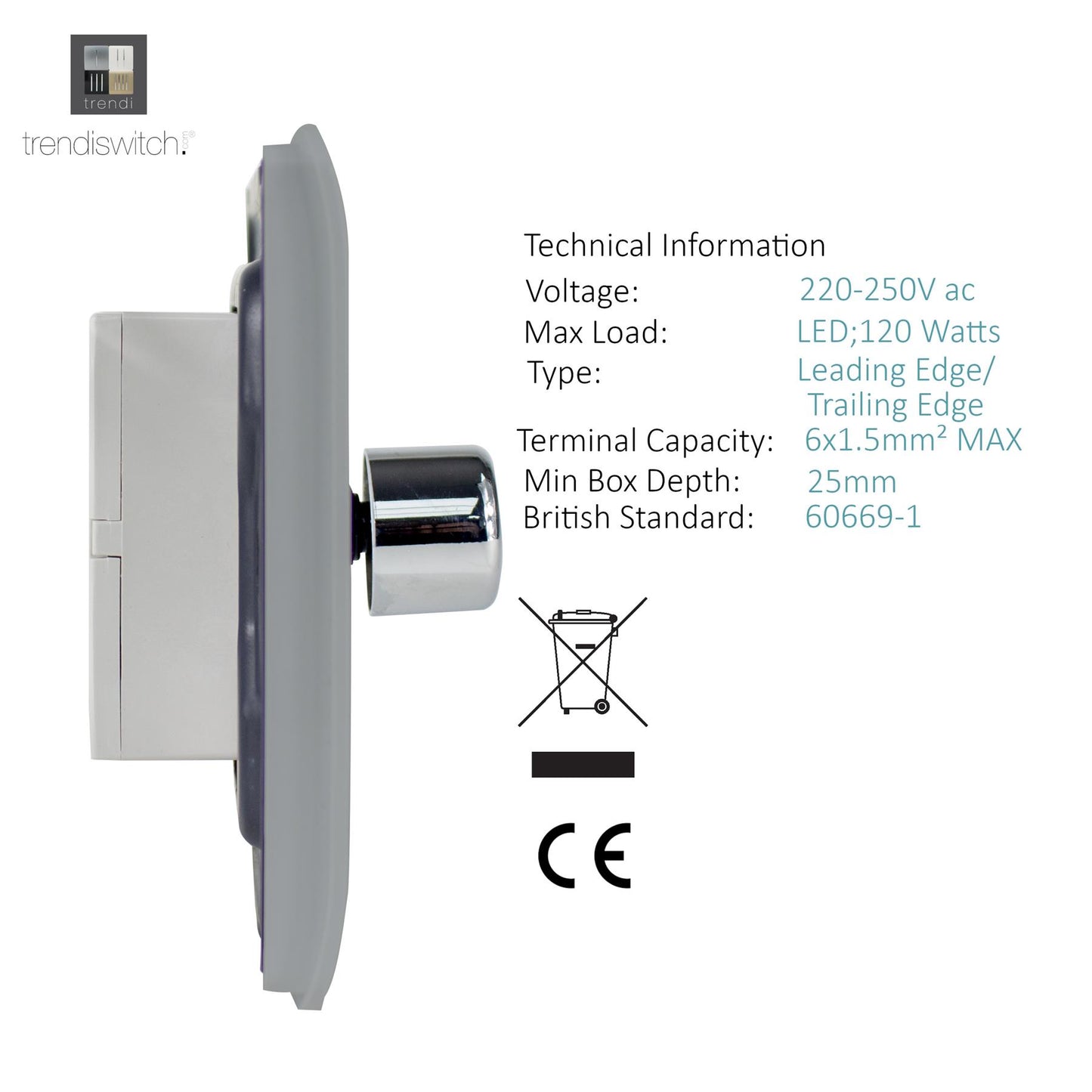 Trendi Artistic Modern Glossy Tactile 2 Gang 2 Way 150w LED Dimmer switch Stainless Steel