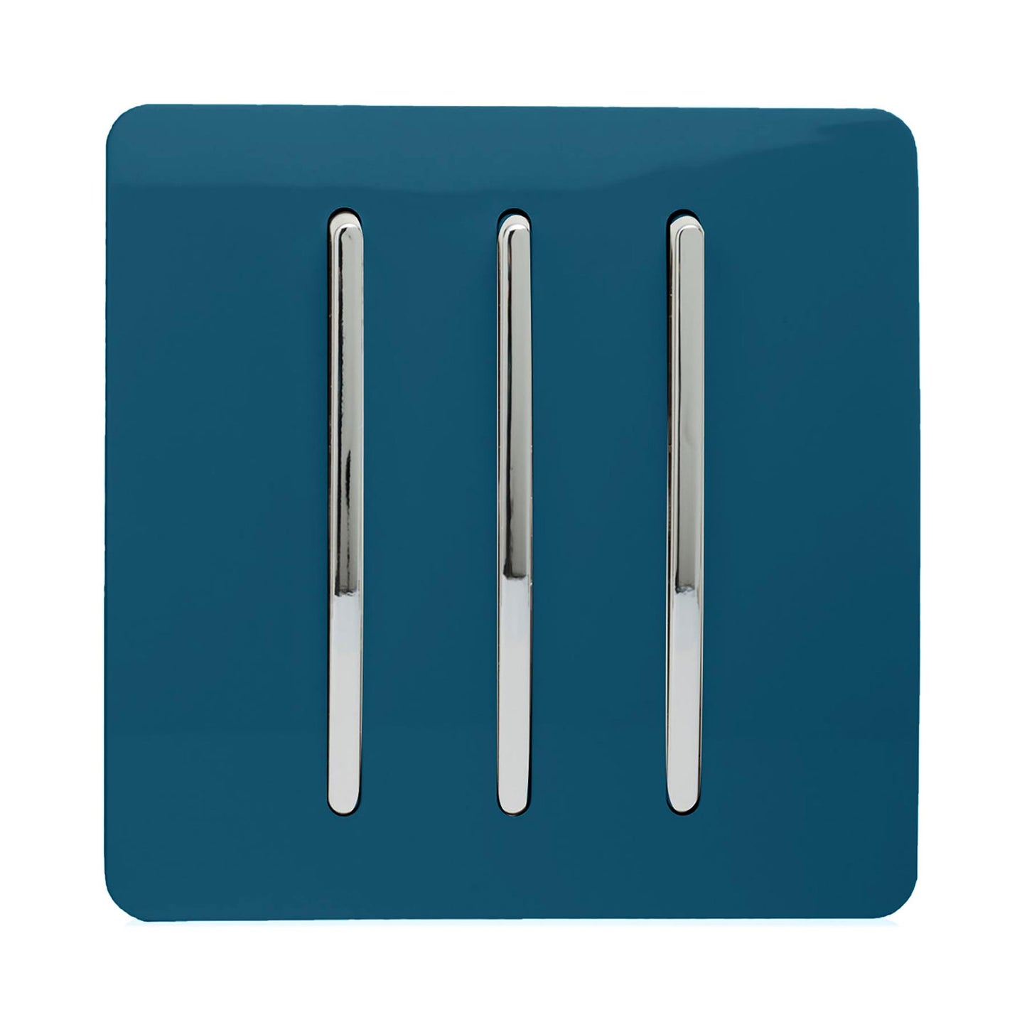 Trendi 3 Gang 2 way 240V Screwless Raised Front Plate Plastic Artistic Modern Glossy 10 Amp Chrome Rocker Triple Electrical Wall Light Switch in Midnight Blue