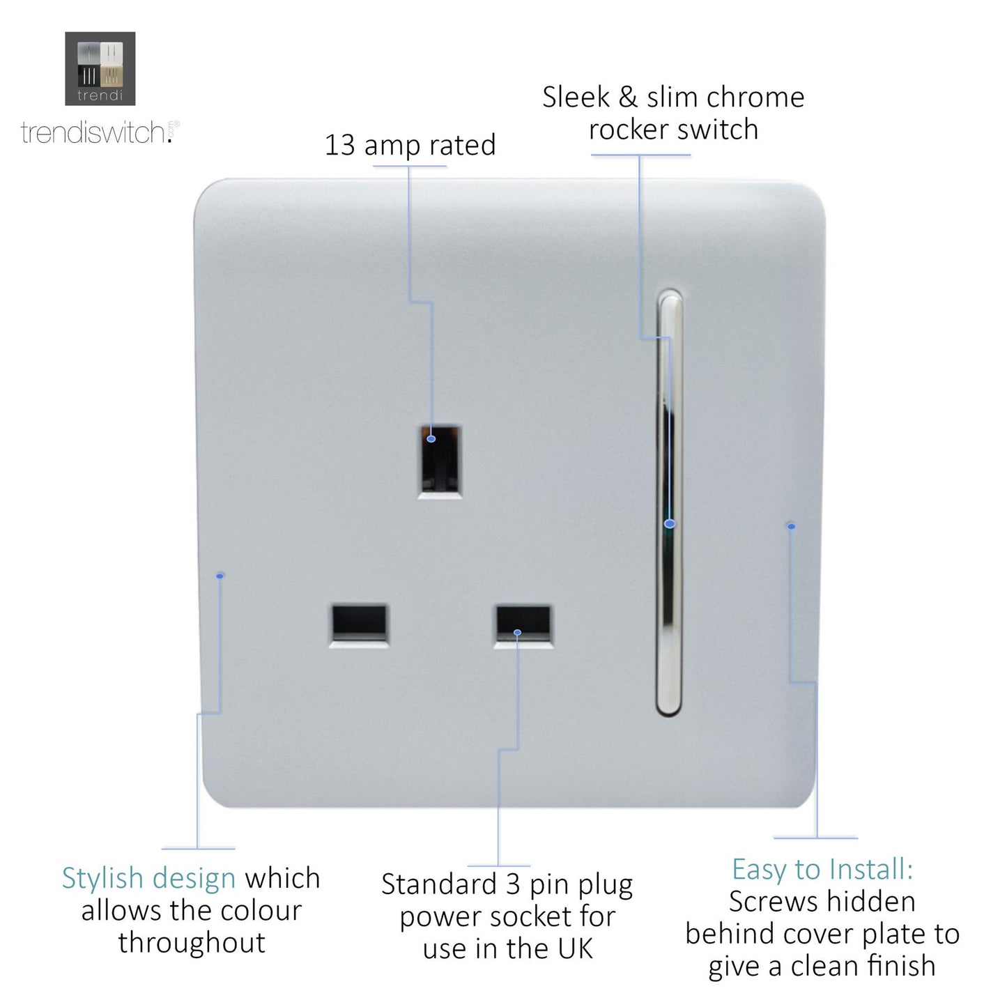 Trendi 1 Gang Artistic Modern 13 Amp Switched Plug Socket Silver ART-SKT13SI