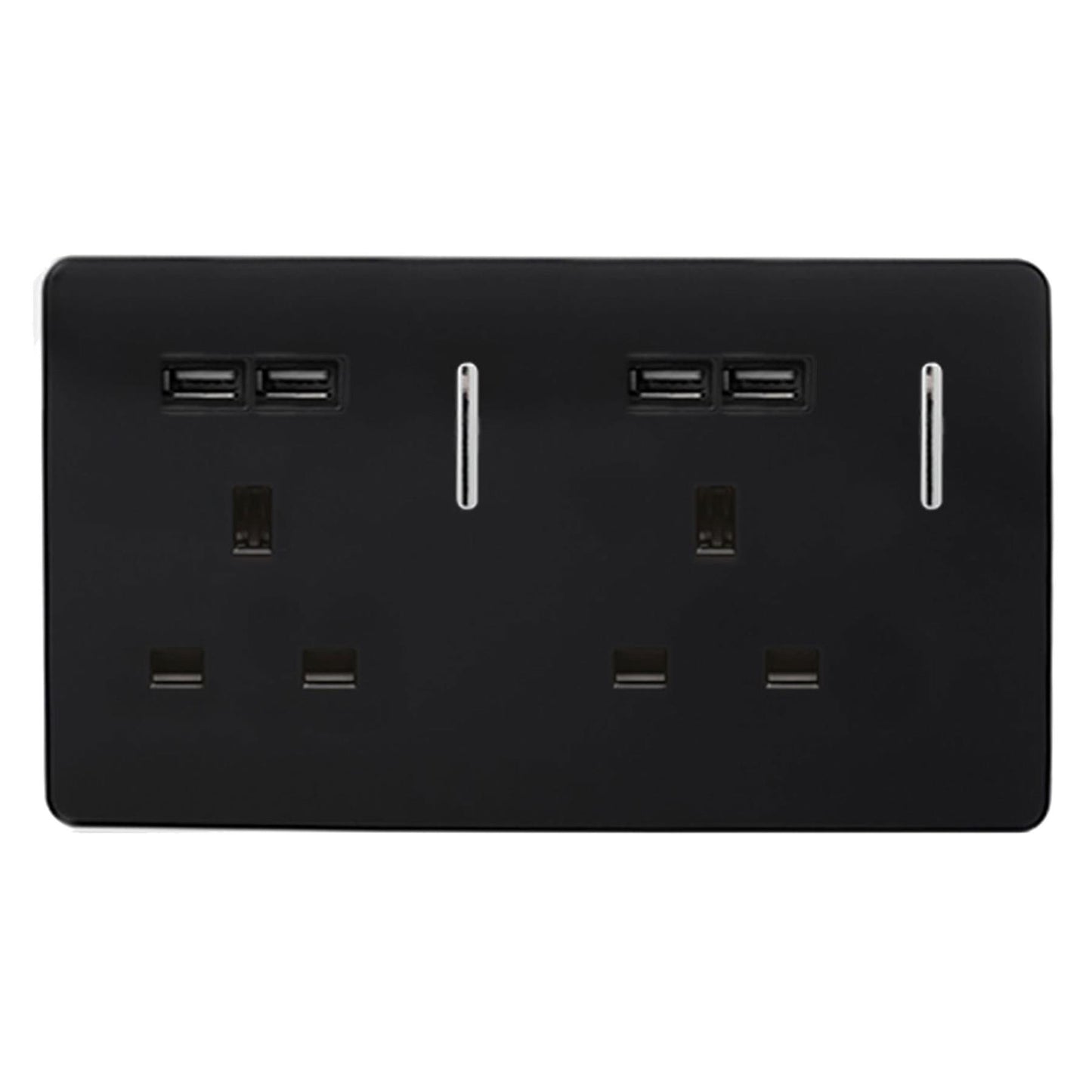 Trendi 2 Gang Artistic Modern Glossy Screwless Raised 13 Amp 240v Short 4 USB Type A Charging Points Double Chrome Switched Electrical Wall Plug Socket in Piano Black