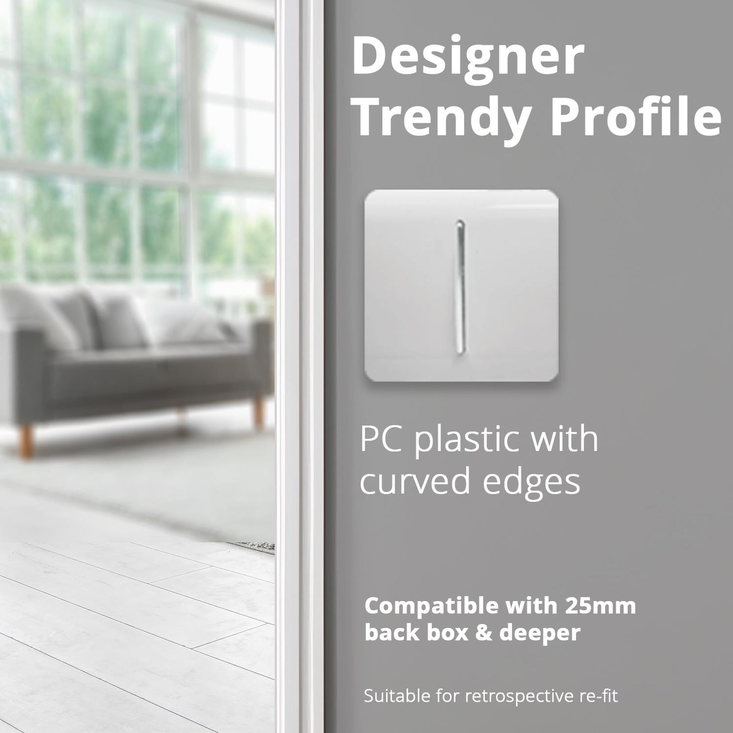 Trendi 1 Gang 2 Way 240V Screwless Raised Front Plate Plastic Artistic Modern Glossy 10 Amp Chrome Rocker Single Electrical Wall Light Switch Ice White- ART-SS2WH