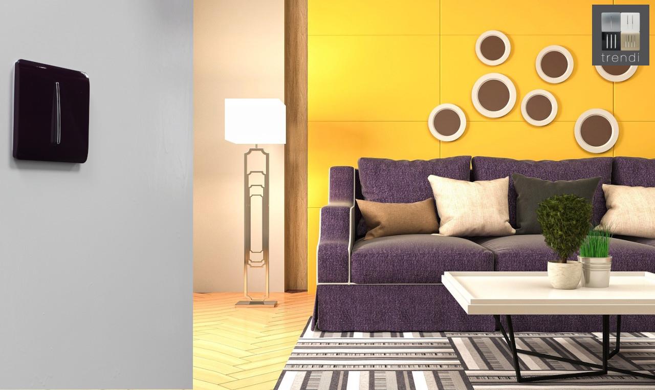 Trendi 1 Gang 3 Way Intermediate 240V Screwless Raised Front Plate Plastic Artistic Modern Glossy 10 Amp Chrome Rocker Single Electrical Wall Light Switch in Plum Purple - ART-SS9PL