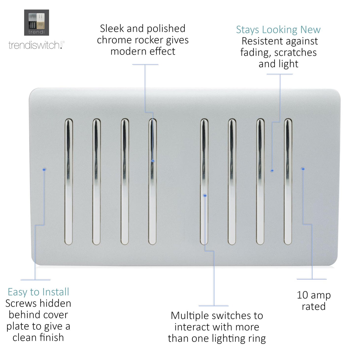 Trendi 8 Gang 2 way 240V Screwless Raised Front Twin Plate Plastic Artistic Modern Glossy 10 Amp Chrome Rocker Quad Electrical Wall Light Switch in Platinum Silver- ART-SS88SI