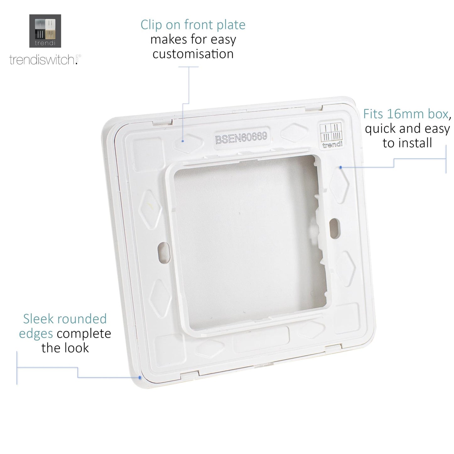 Trendi Switch Artistic Modern Glossy Decorative Screwless Standard Single Wall Blanking Plate for Electrical Sockets, Outlet with Screws in Ice White - ART-BLKWH