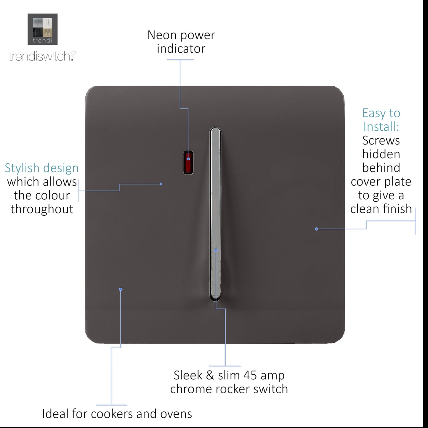 Trendi Artistic Modern Glossy 45 A Tactile Light Switch & Neon Insert Dark Brown