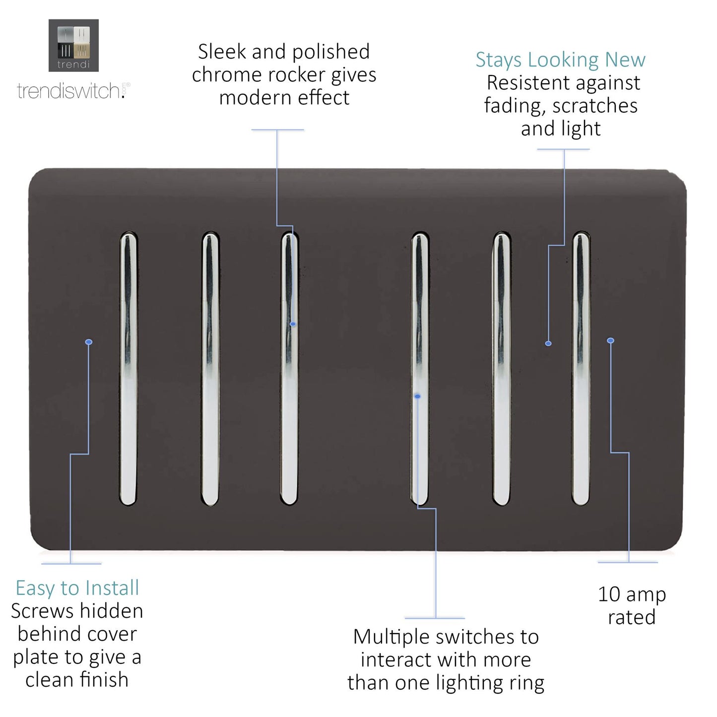Trendi 6 Gang 2 way 240V Screwless Raised Front Twin Plate Plastic Artistic Modern Glossy 10 Amp Chrome Rocker Quad Electrical Wall Light Switch in Dark Mocha Brown - ART-SS66DB