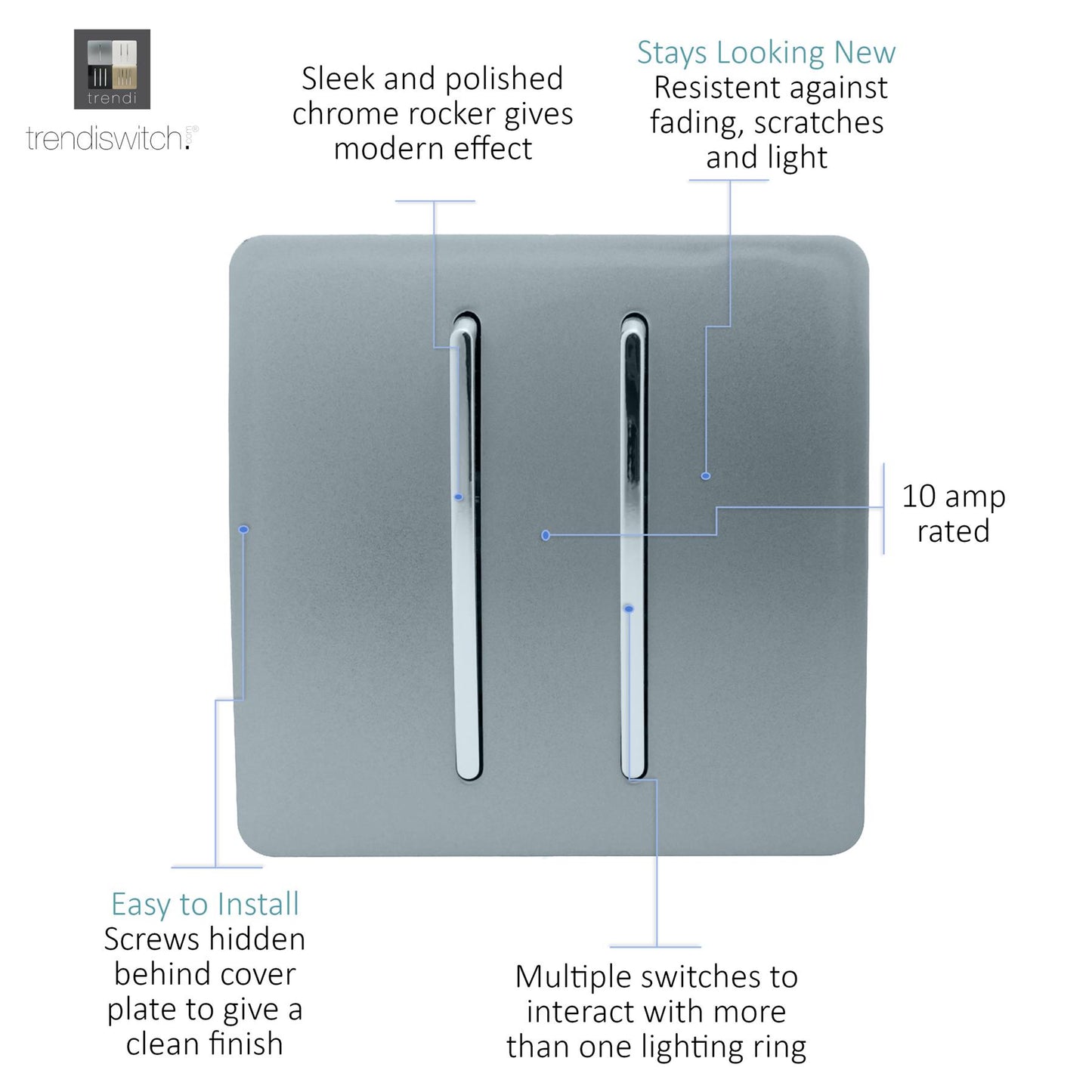 Trendi 2 Gang 3 way (Intermediate) 240V Screwless Raised Front Plate Plastic Artistic Modern Glossy 10 Amp Chrome Rocker Double Electrical Wall Light Switch in Cool Grey