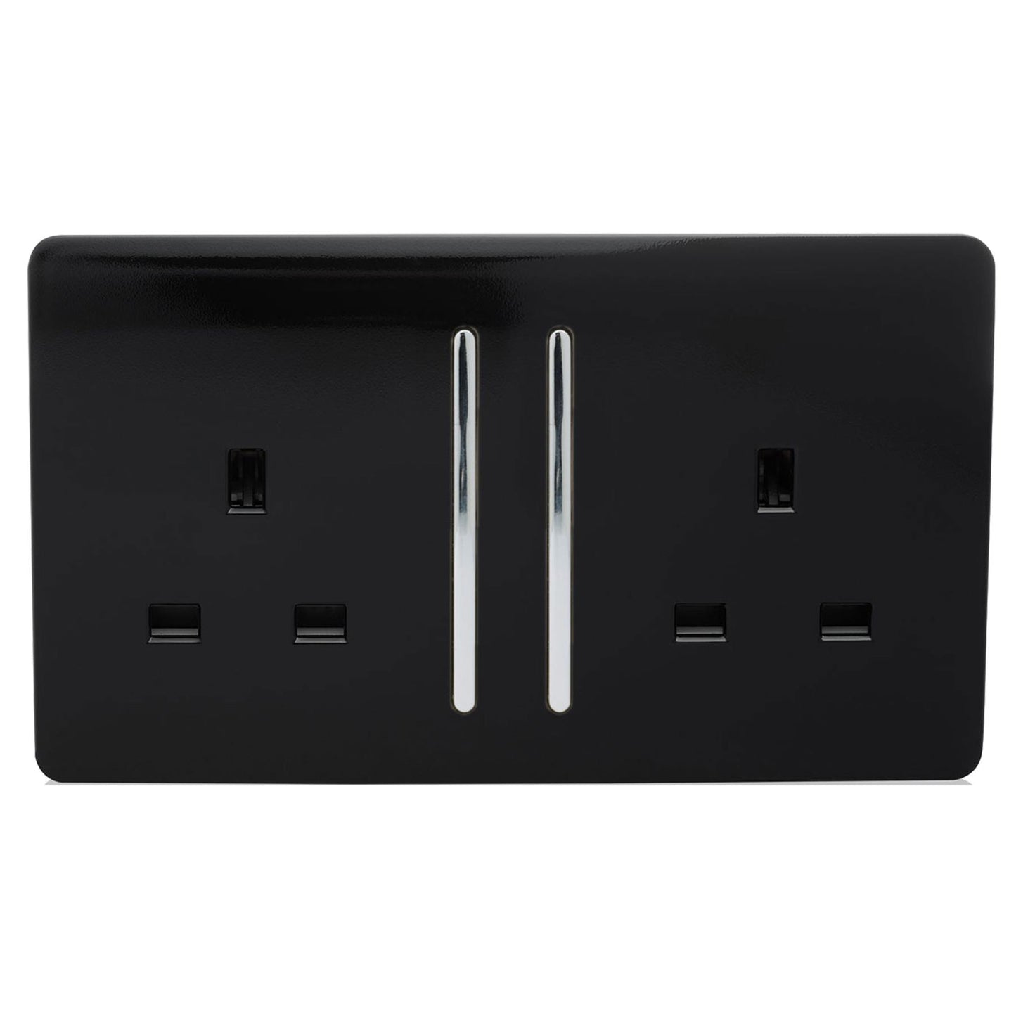 Trendi 2 Gang Raised Artistic Modern Glossy Screwless 13 Amp Single Pole with Chrome Switched UK Standard Electrical Double Wall Plug Socket in Piano Black - ART-SKT213LBK