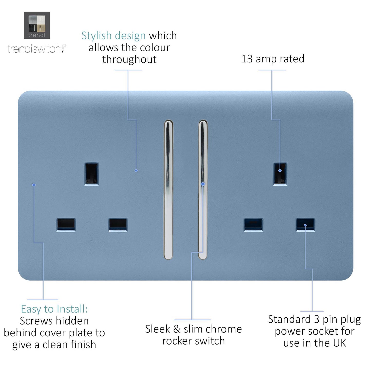 Trendi 2 Gang Artistic Modern Glossy 13 Amp Switched Tactile Plug Socket Sky