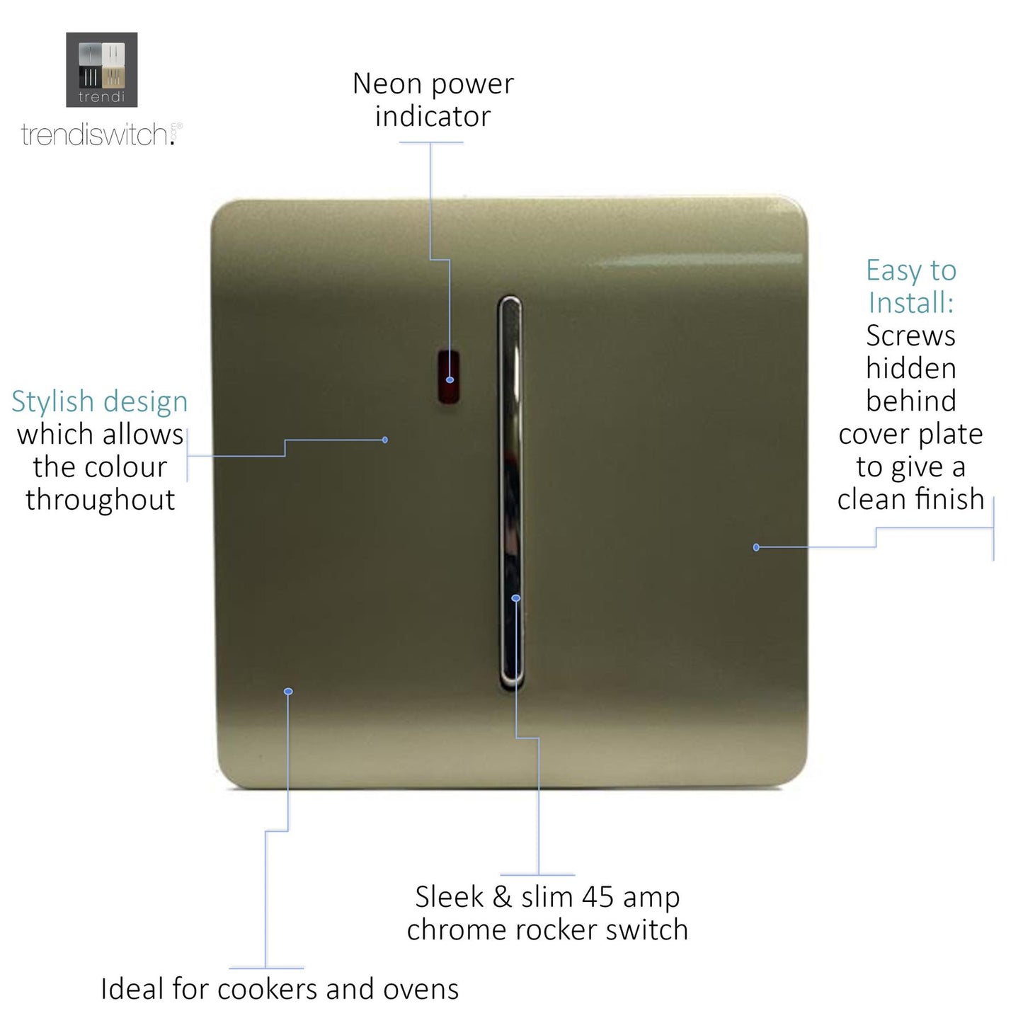 Trendi Artistic Modern 45 A Cooker Light Switch & Neon Insert Gold ART-WHS2GO