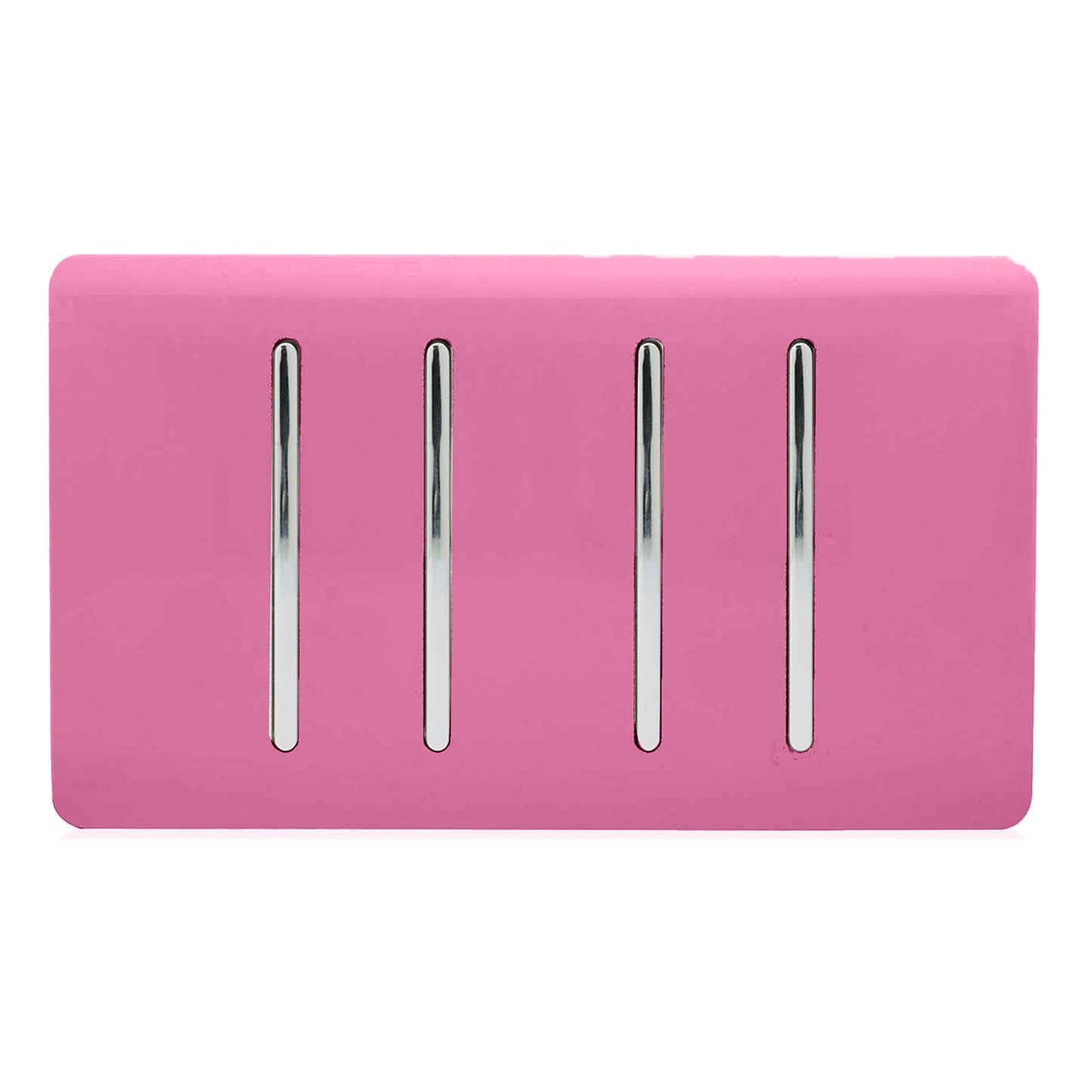Trendi 4 Gang 2 way 240V Screwless Raised Front Twin Plate Plastic Artistic Modern Glossy 10 Amp Chrome Rocker Quad Electrical Wall Light Switch in Candy Pink- ART-SS44PK