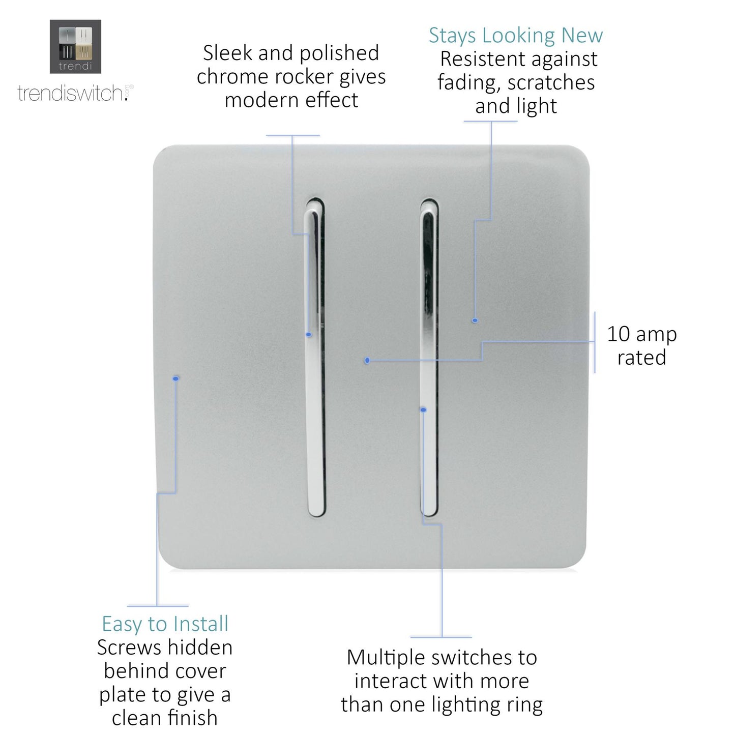 Trendi 2 Gang 2 Way 240V Screwless Raised Front Plate Plastic Artistic Modern Glossy 10 Amp Chrome Rocker Single Electrical Wall Light Switch Platinum Silver - ART-SS4SI