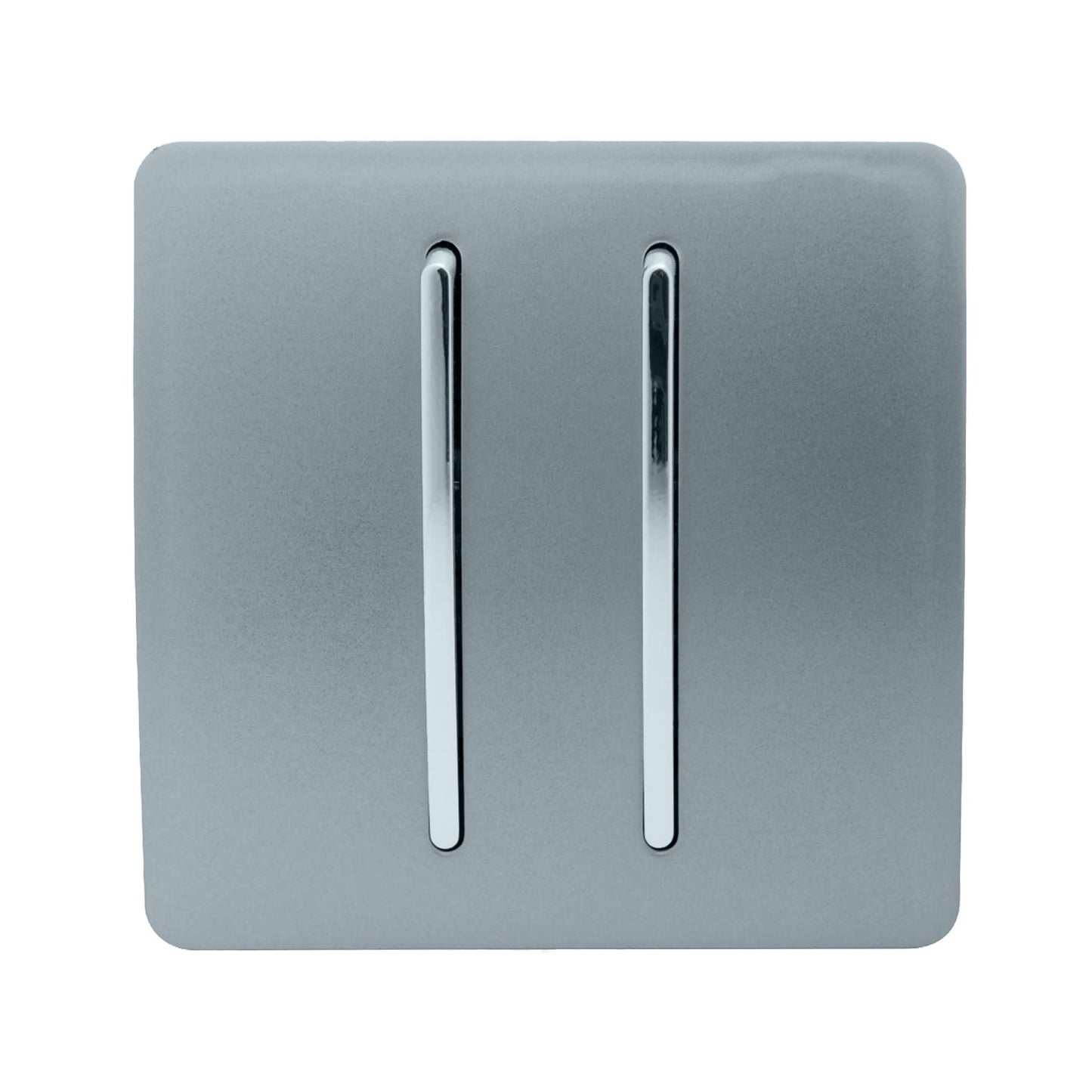 Trendi 2 Gang 3 way (Intermediate) 240V Screwless Raised Front Plate Plastic Artistic Modern Glossy 10 Amp Chrome Rocker Double Electrical Wall Light Switch in Cool Grey