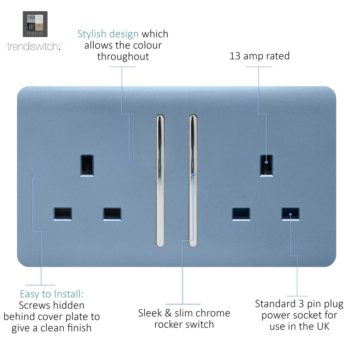 Trendi 2 Gang Artistic Modern Glossy 13 Amp Switched Tactile Plug Socket Sky