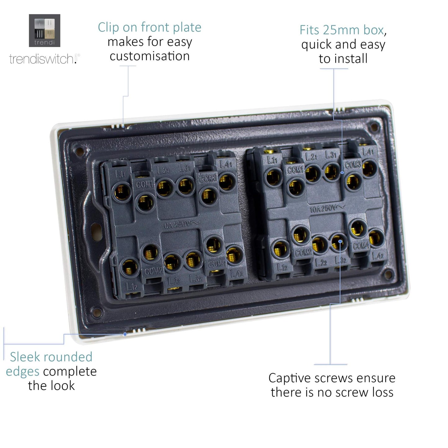 Trendi 8 Gang 2 way 240V Screwless Raised Front Twin Plate Plastic Artistic Modern Glossy 10 Amp Chrome Rocker Quad Electrical Wall Light Switch in Matt Black - ART-SS88MBK