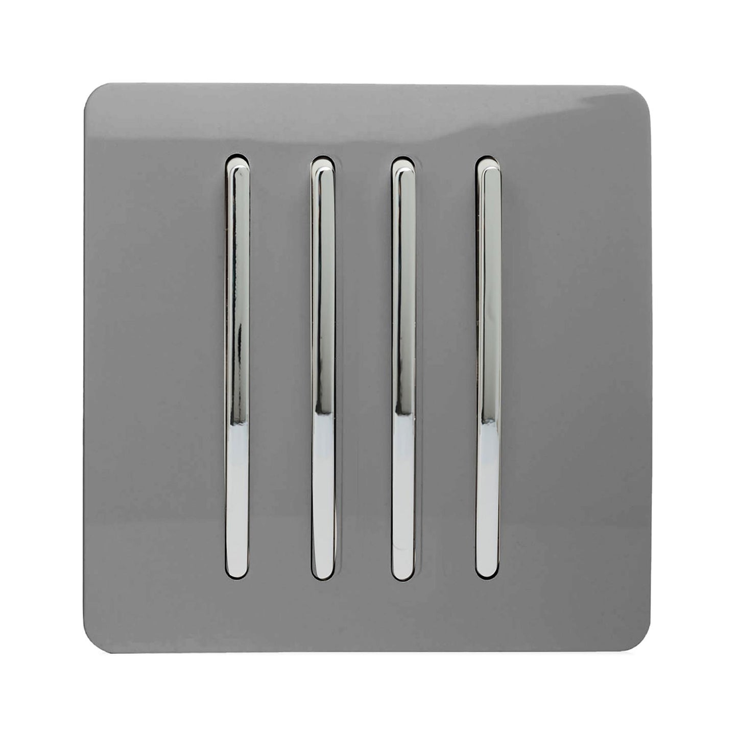Trendi 4 Gang 2 way 240V Screwless Raised Front Plate Plastic Artistic Modern Glossy 10 Amp Chrome Rocker Quad Electrical Wall Light Switch in Light Grey