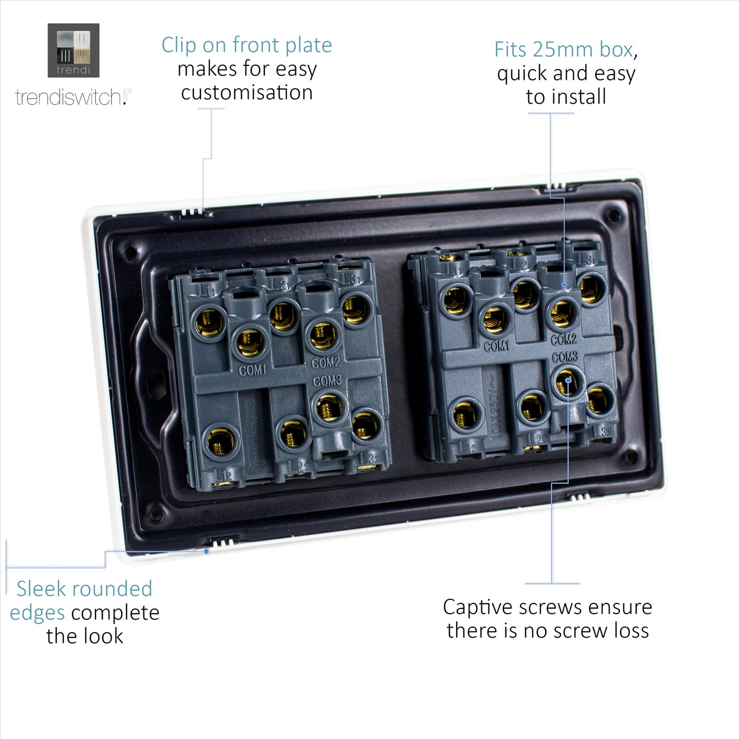 Trendi 6 Gang 2 way 240V Screwless Raised Front Twin Plate Plastic Artistic Modern Glossy 10 Amp Chrome Rocker Quad Electrical Wall Light Switch in Moss Green- ART-SS66MG