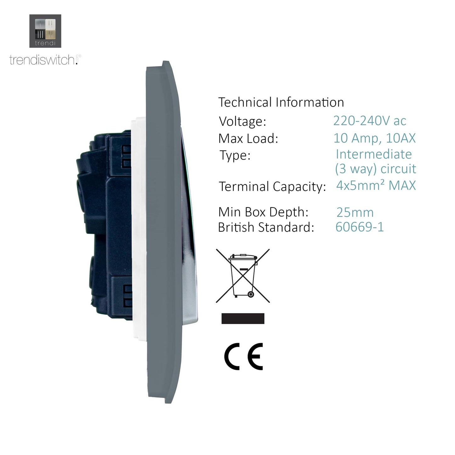 Trendi 2 Gang 3 way (Intermediate) 240V Screwless Raised Front Plate Plastic Artistic Modern Glossy 10 Amp Chrome Rocker Double Electrical Wall Light Switch in Warm Grey