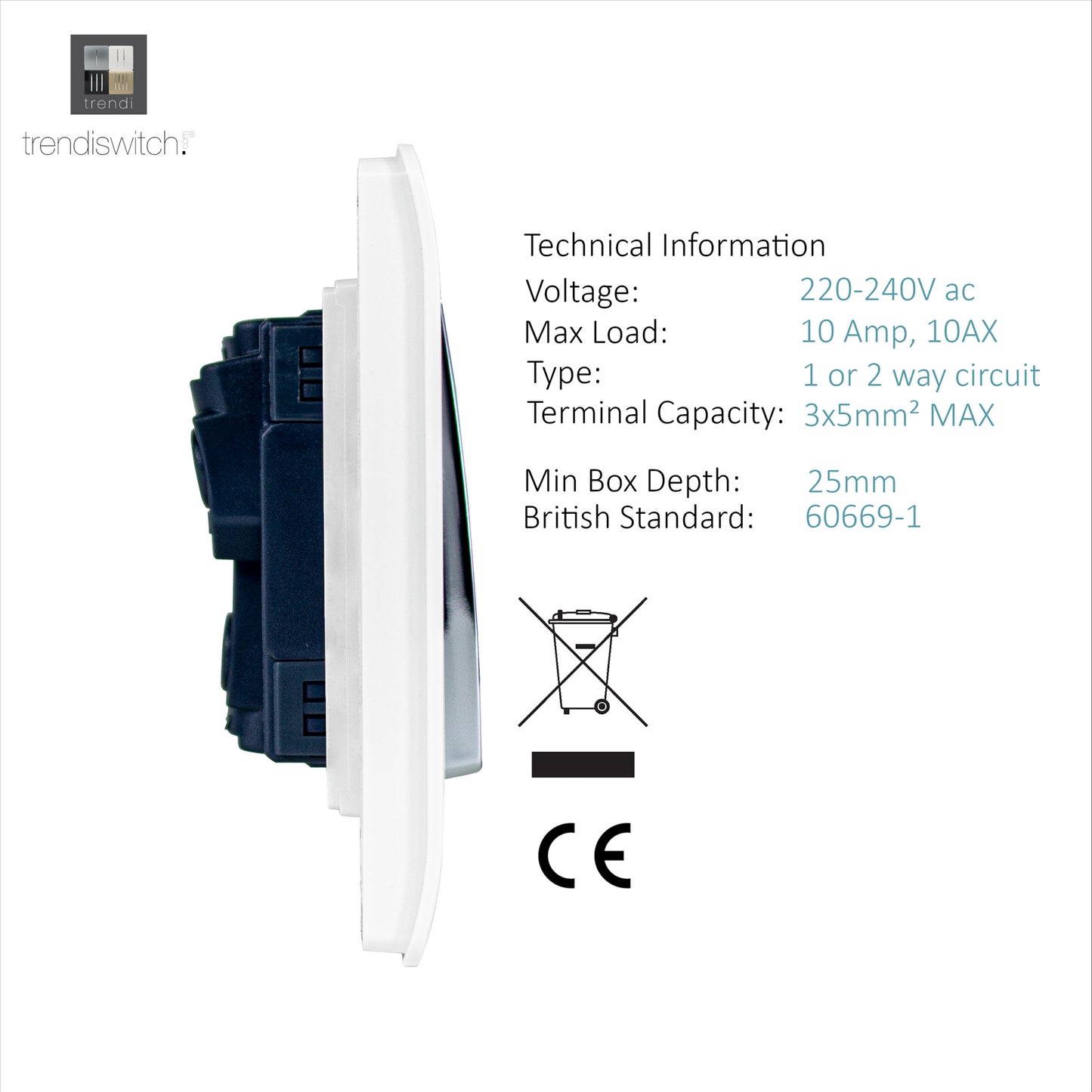 Trendi 1 Gang 2 Way 240V Screwless Raised Front Plate Plastic Artistic Modern Glossy 10 Amp Chrome Rocker Single Electrical Wall Light Switch Ice White- ART-SS2WH