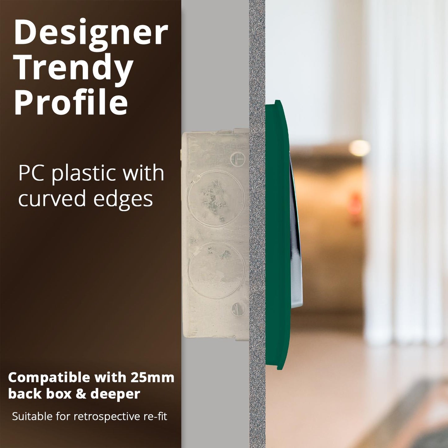 Trendi 1 Gang 2 Way 240V Screwless Raised Front Plate Plastic Artistic Modern Glossy 10 Amp Chrome Rocker Single Electrical Wall Light Switch DarkForest Green - ART-SS2DG