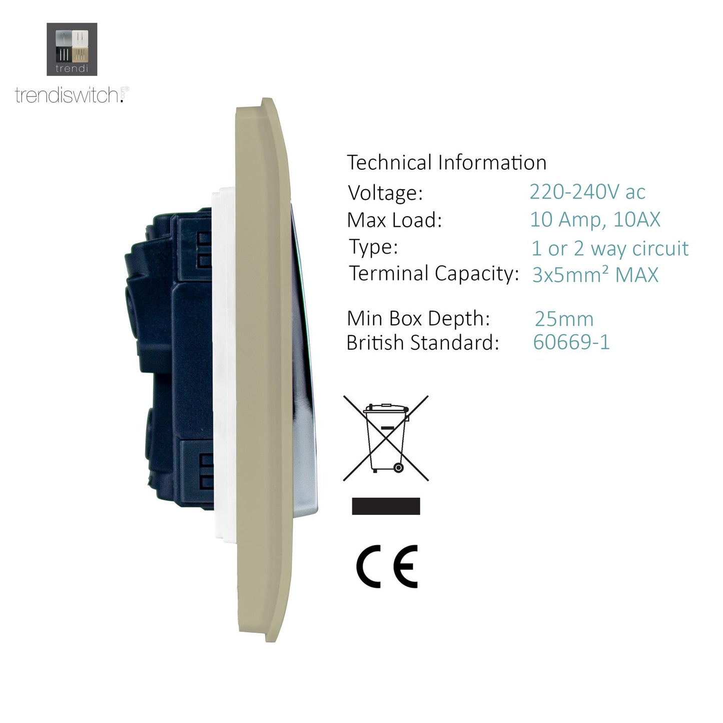 Trendi 6 Gang 2 way 240V Screwless Raised Front Twin Plate Plastic Artistic Modern Glossy 10 Amp Chrome Rocker Quad Electrical Wall Light Switch in Champagne Gold - ART-SS66GO
