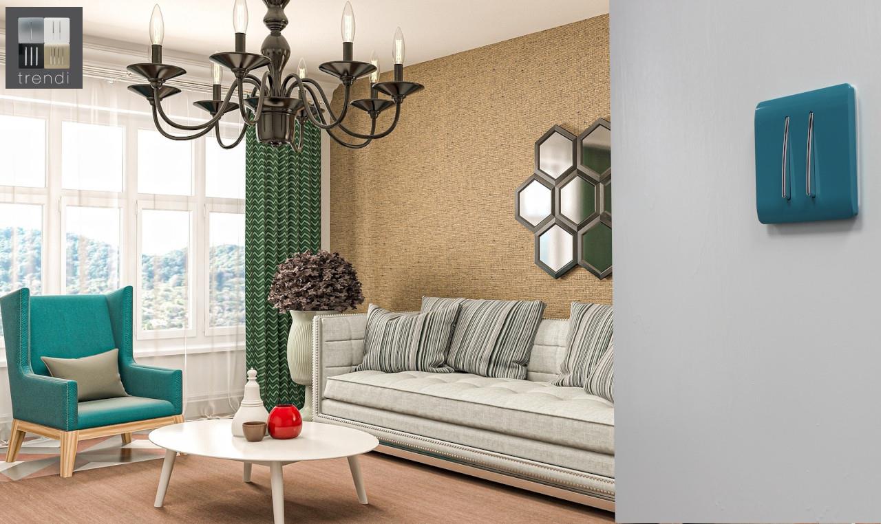 Trendi 2 Gang 2 Way 240V Screwless Raised Front Plate Plastic Artistic Modern Glossy 10 Amp Chrome Rocker Single Electrical Wall Light Switch Bright Teal - ART-SS4BT