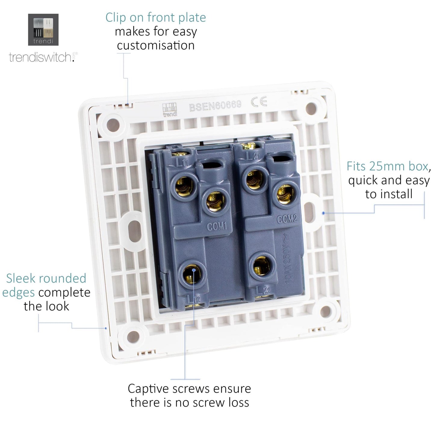 Trendi 2 Gang 2 Way 240V Screwless Raised Front Plate Plastic Artistic Modern Glossy 10 Amp Chrome Rocker Single Electrical Wall Light Switch Matt Black - ART-SS4MBK