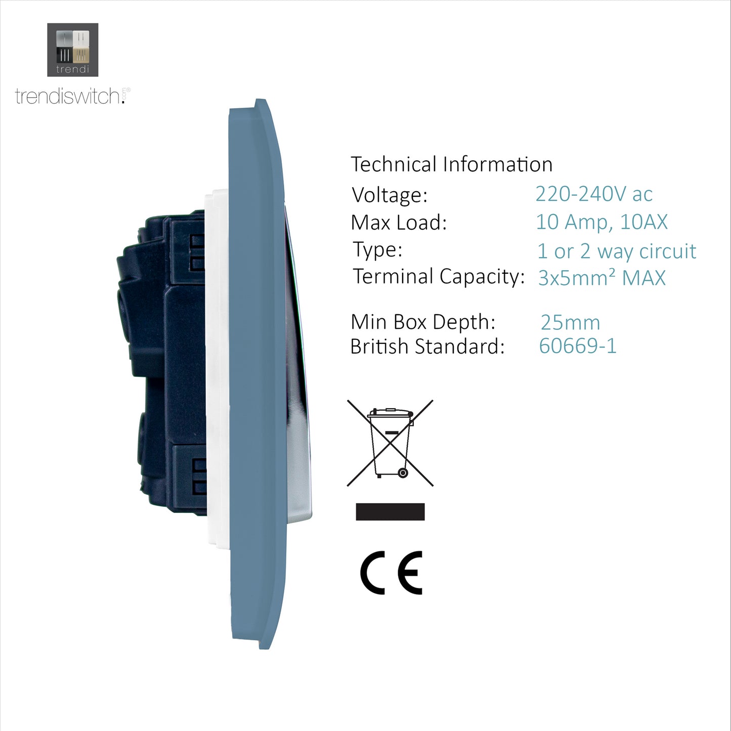 Trendi 2 Gang 2 Way 240V Screwless Raised Front Plate Plastic Artistic Modern Glossy 10 Amp Chrome Rocker Single Electrical Wall Light Switch Sky Blue - ART-SS4SK