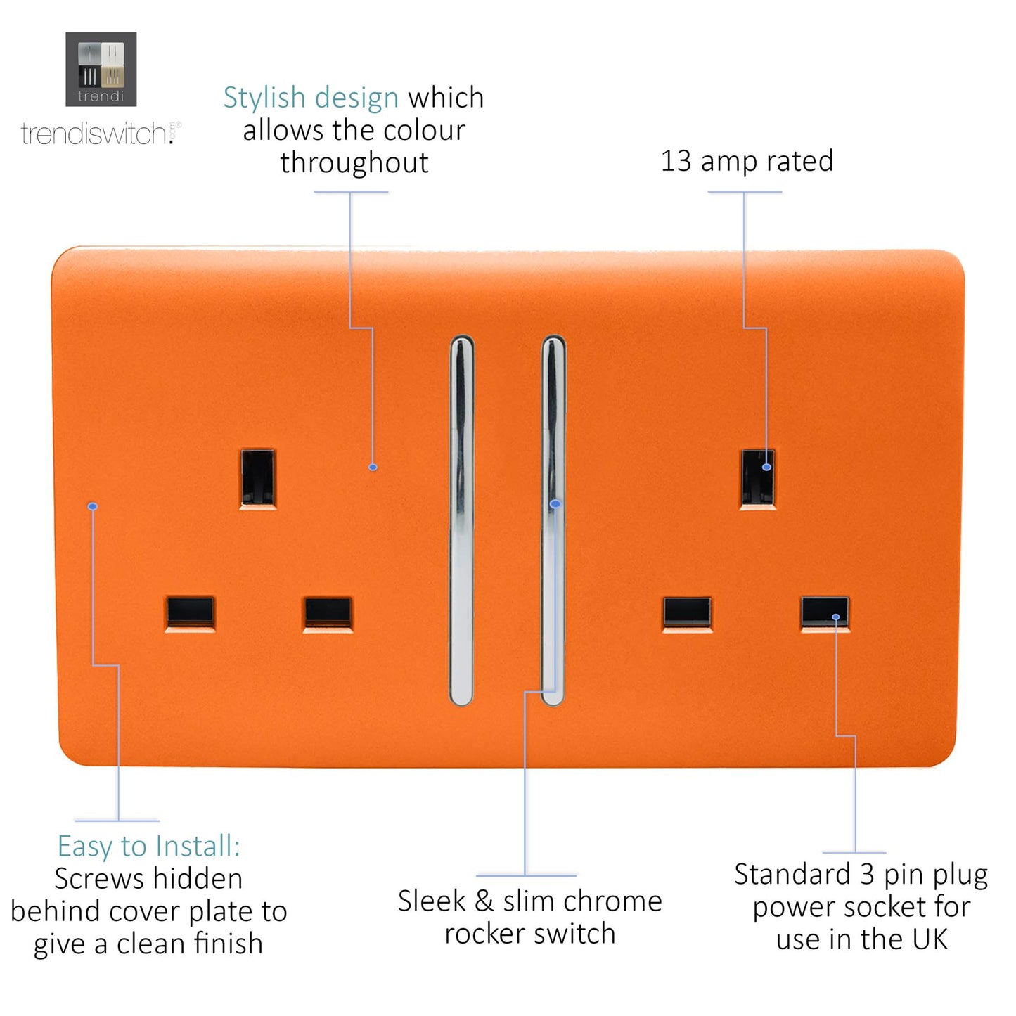Trendi 2 Gang Artistic Modern Glossy 13 Amp Switched Tactile Plug Socket Orange