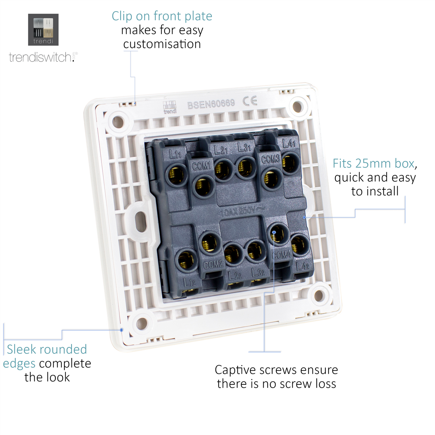 Trendi 4 Gang 2 way 240V Screwless Raised Front Plate Plastic Artistic Modern Glossy 10 Amp Chrome Rocker Quad Electrical Wall Light Switch in Bright Teal