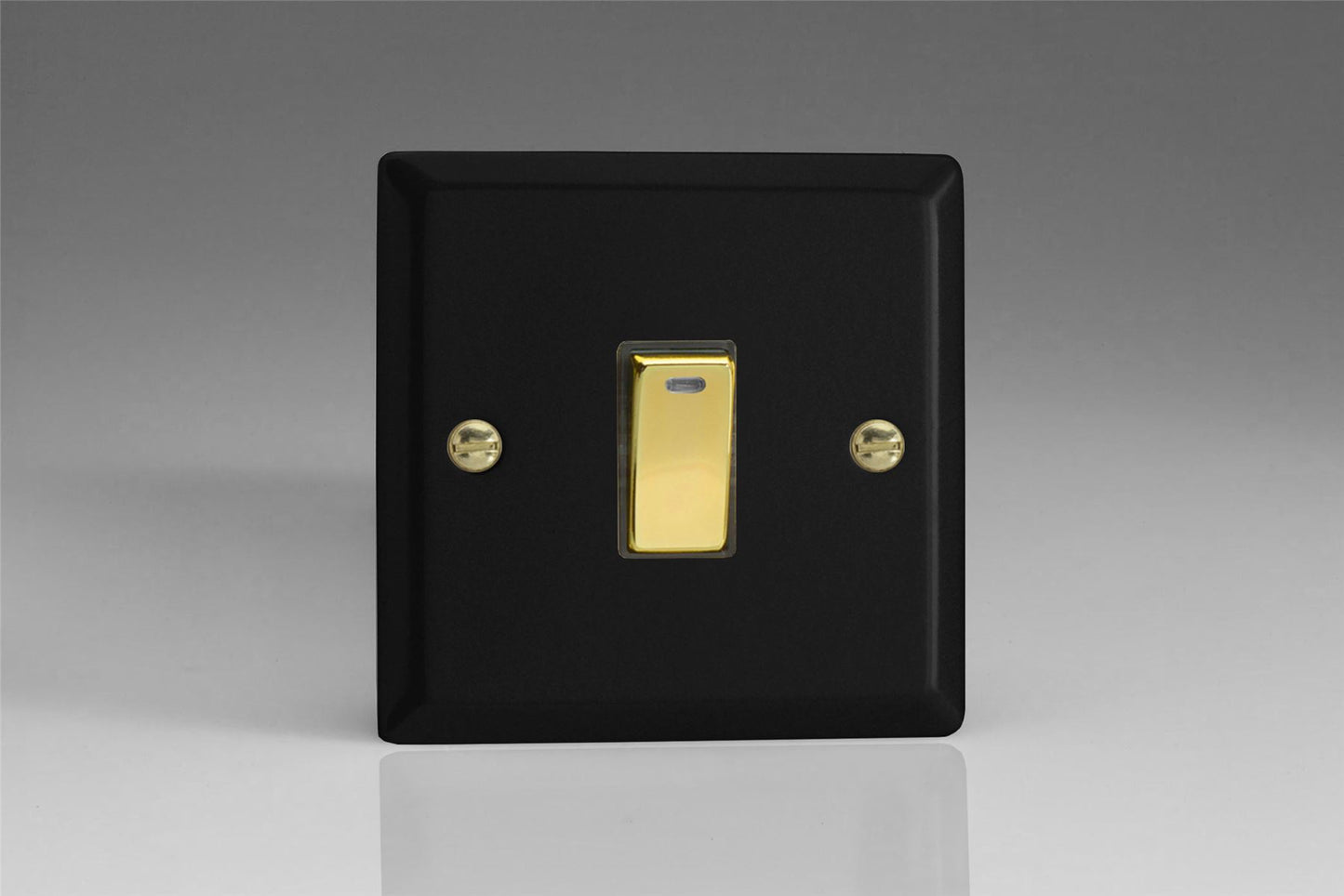 Varilight 1-Gang 20A Double Pole Rocker Switch + Neon Indicator Light in Vogue Matt Black w/ Polished Brass