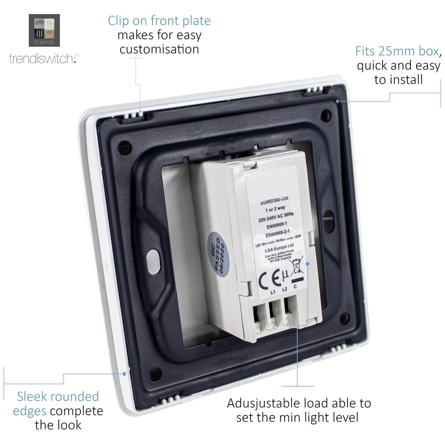 Trendi 1 Gang 2 Way 240V 150w LED Dimmer Screwless Raised Front Plate Plastic Artistic Modern Glossy 10 Amp Chrome Single Electrical Wall Light Switch in Dark Green - ART-LDMDG